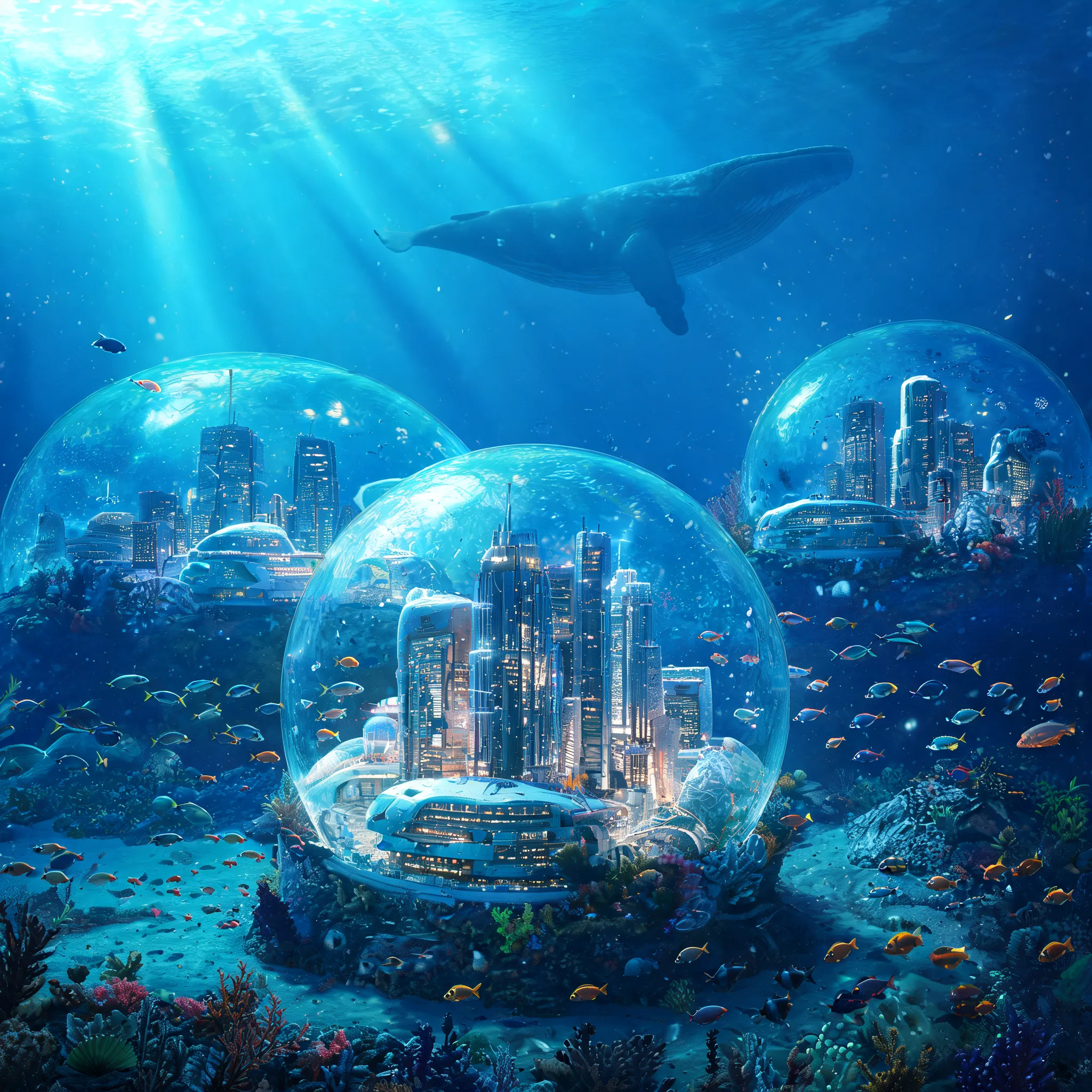 A futuristic city located on the ocean floor, protected by transparent domes, with various fish and marine life swimming around the structures, and the silhouette of a massive whale visible in the distance.