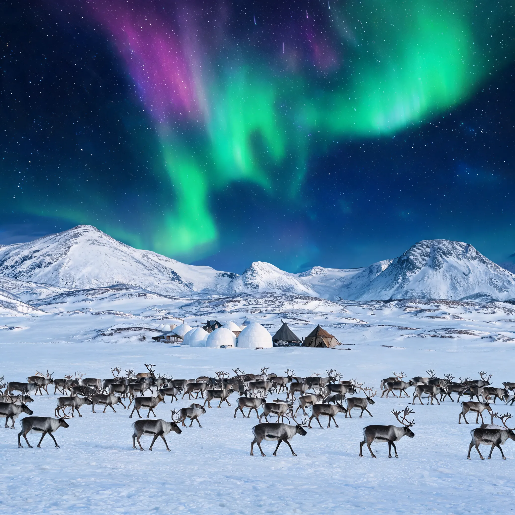 A herd of reindeer wandering across the Arctic tundra, with a spectacular display of the Northern Lights dancing in the sky, snow-capped mountains and a small Inuit village in the distance.