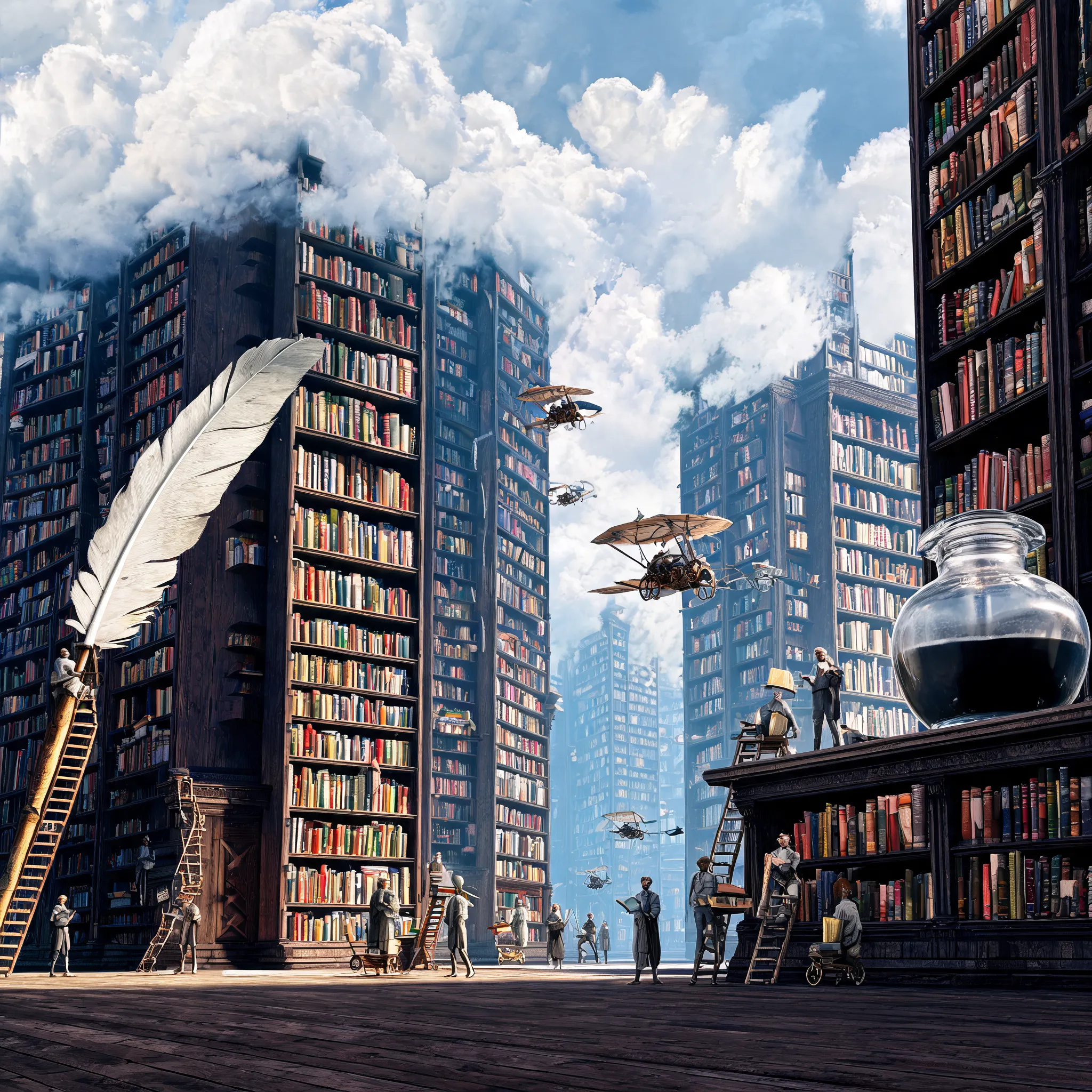 An enormous library with bookshelves reaching the clouds, tiny human scholars moving about on ladders and flying contraptions, decorated with giant quills and ink bottles.