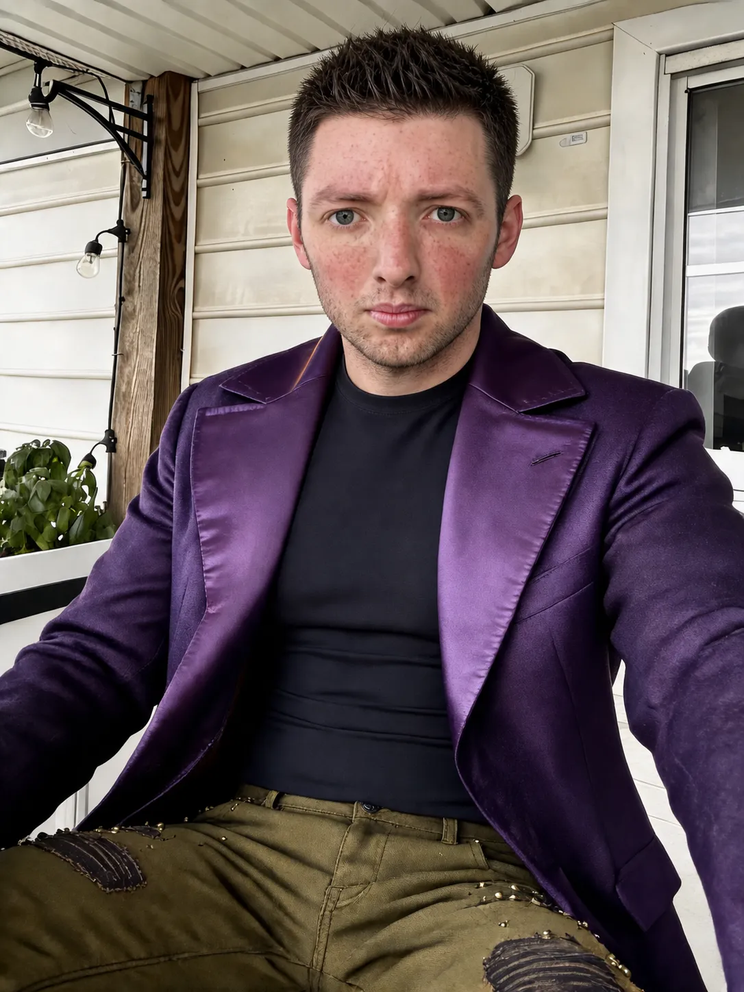 Change my hair style to short, spiked, dark-brown crew cut paired with styled, slightly longer sideburns and rugged stubble.