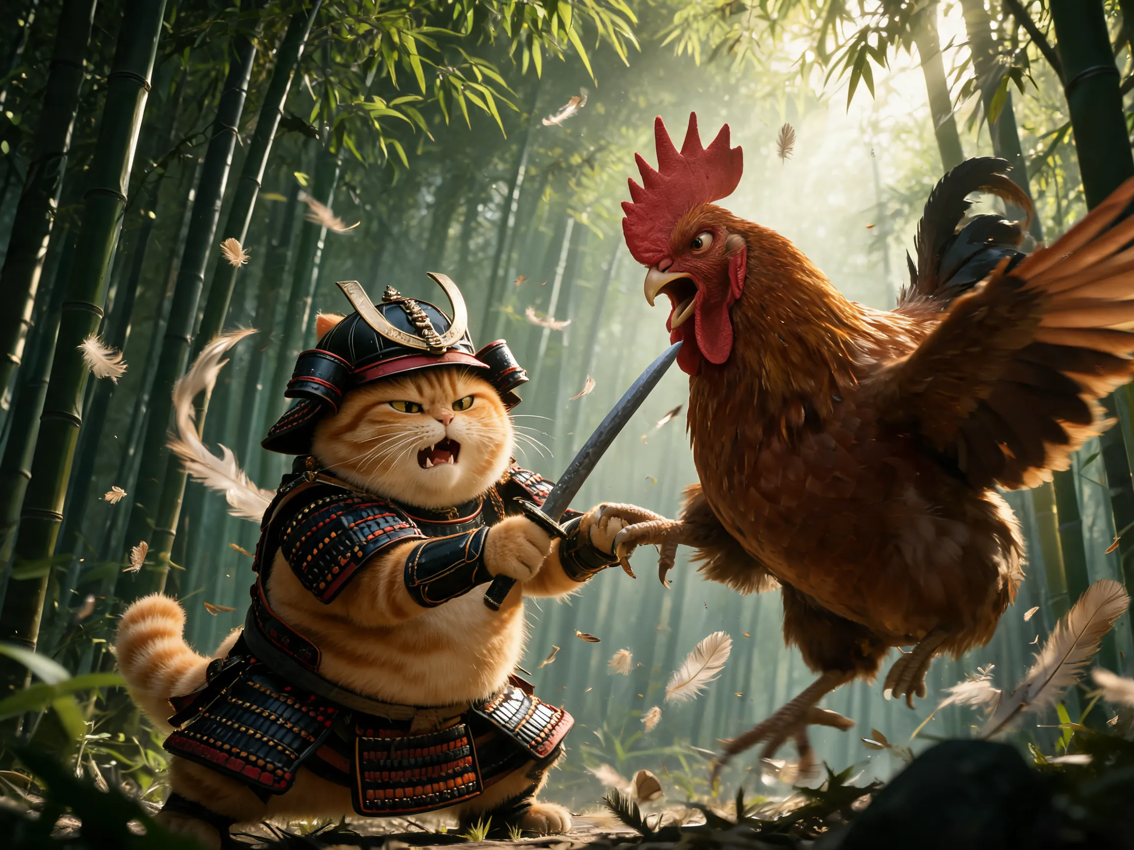 A fat orange cat dressed as a samurai, holding a tiny katana, fiercely deflecting attacks from a giant furious rooster in a bamboo forest. The rooster is twice the size of the cat, feathers flying everywhere. Sekiro style, dramatic action pose, comedic facial expression, exaggerated motion blur, cinematic lighting, studio ghibli meets dark souls art style, 4k.