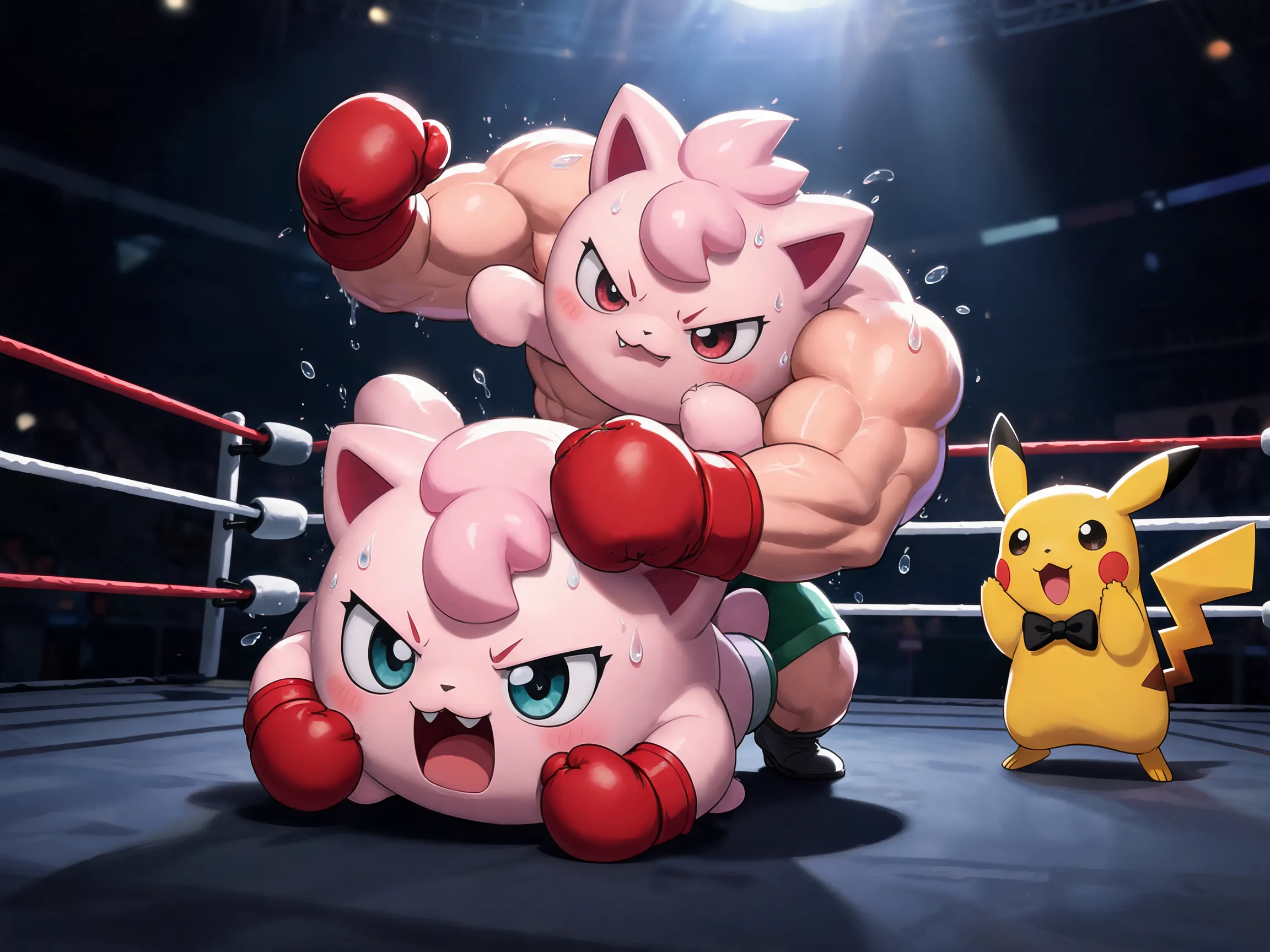Two muscular Jigglypuffs with angry eyebrows, wearing boxing gloves and fighting in a wrestling ring. Sweat flying, one is doing a piledriver on the other. Pikachu is the referee wearing a tiny bow tie, looking shocked. Hyper-realistic style mixed with anime, dramatic spotlight, hilarious expression, intense dynamic pose, 8k.