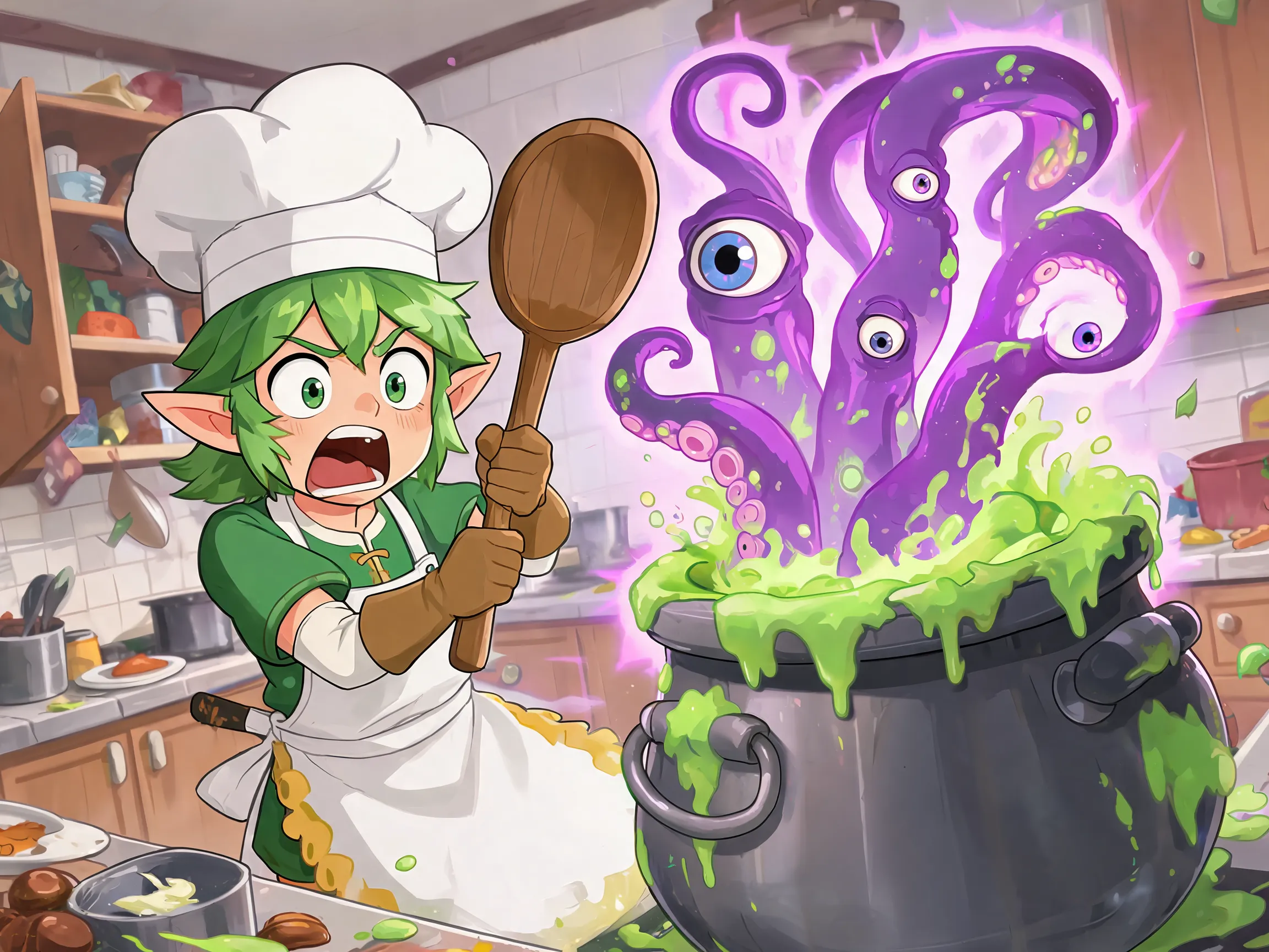 Link from Zelda wearing a chef's hat and apron, stirring a giant cooking pot. A massive, glowing purple tentacle monster with eyeballs is crawling out of the pot, spilling suspicious green goo. Link's face is pure panic, holding a wooden spoon like a sword. Cartoonish disaster, chaotic kitchen, glowing effects, funny exaggerated anime style.