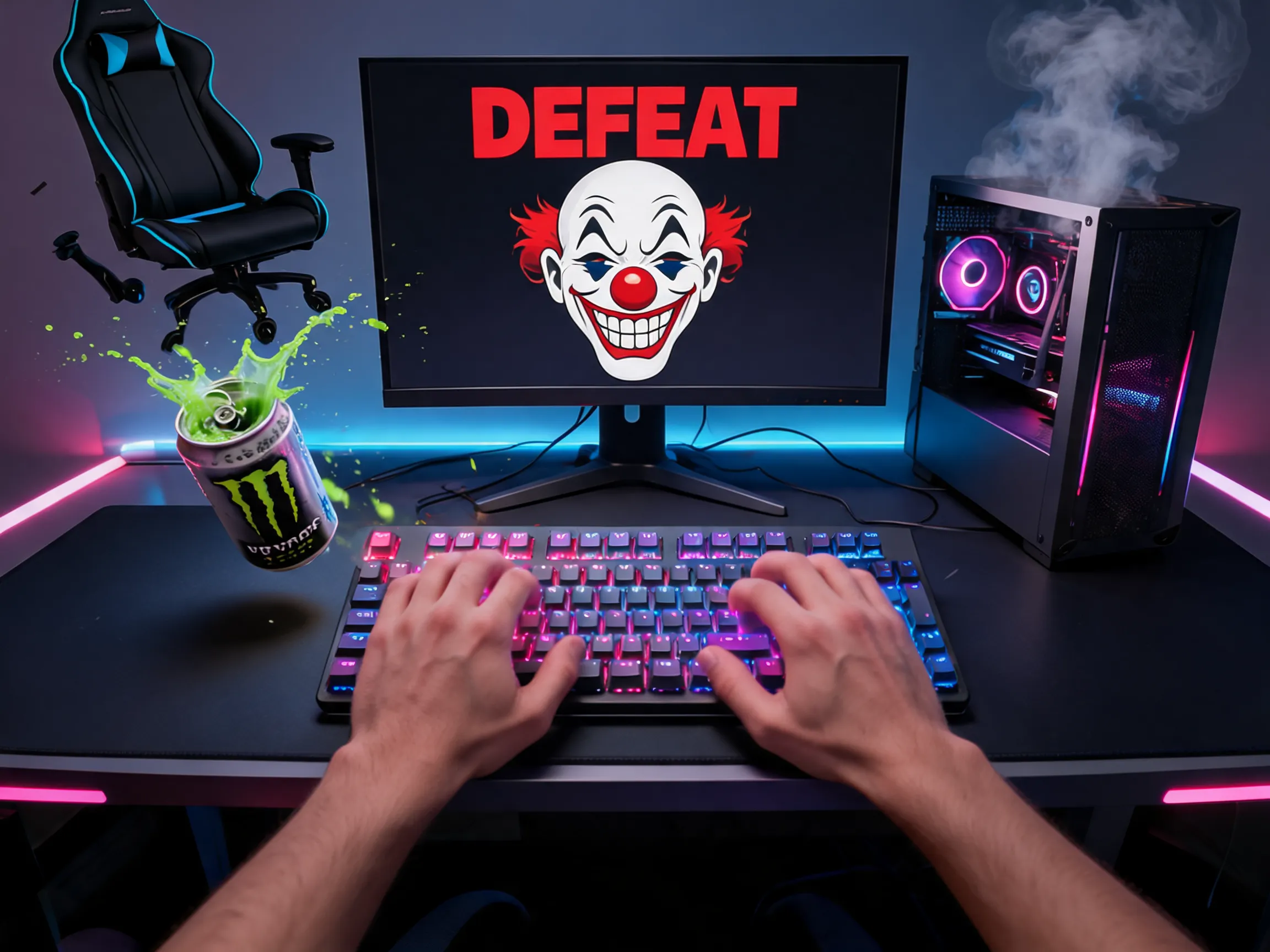 First-person perspective of a gamer's hands slamming a glowing mechanical keyboard in rage, while the monitor screen shows a "DEFEAT" and a mocking clown face. The gaming chair is tipping over, a spilled energy drink flies in mid-air, smoke coming from the PC tower. Over-the-top rage, cartoonishly dramatic, dynamic angle, vibrant neon gaming setup, meme style.