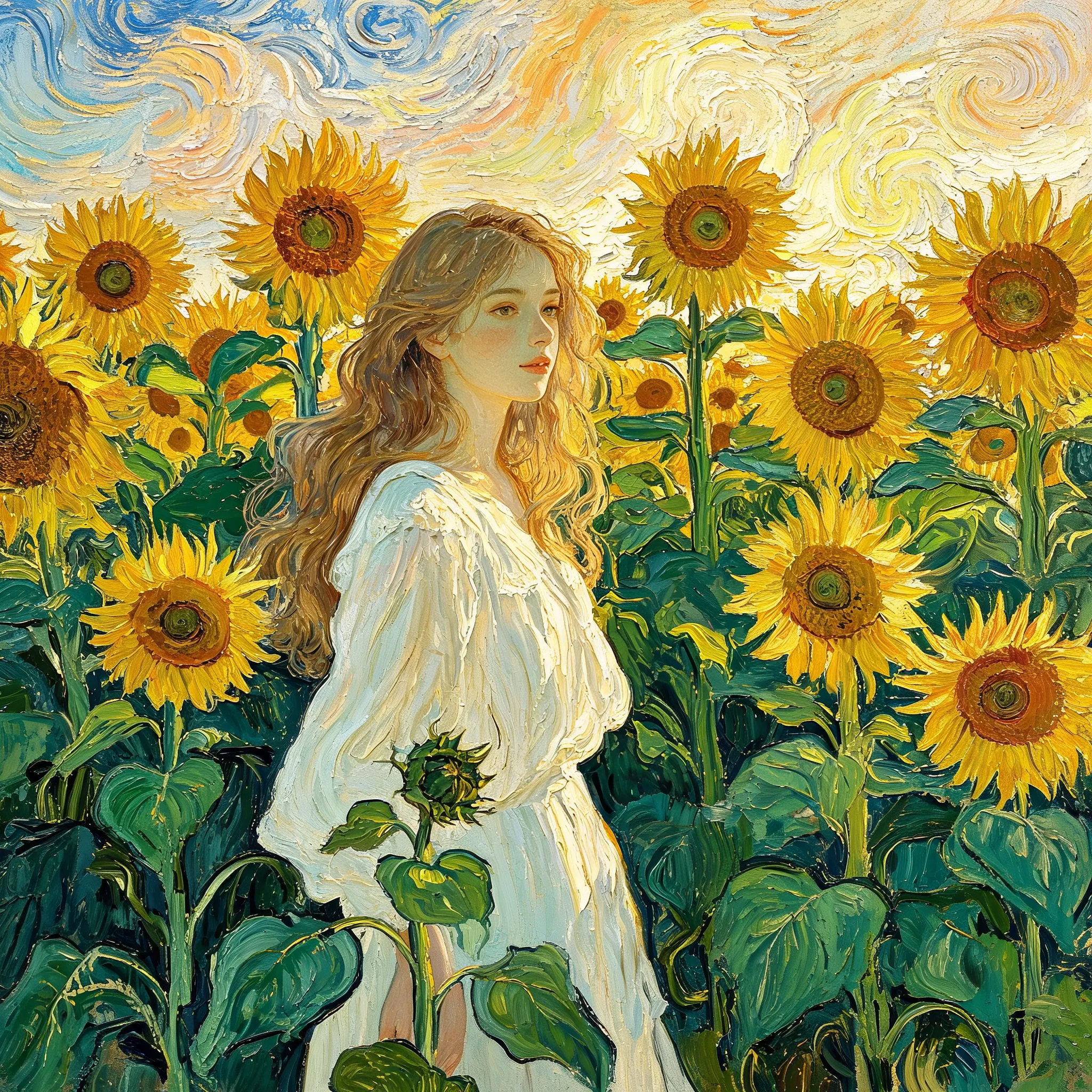 Oil painting of a young woman in a white dress standing among towering sunflowers, dramatic afternoon light, painterly style inspired by Vincent van Gogh, thick impasto technique, vibrant yellows contrasting with deep greens, dreamy summer atmosphere