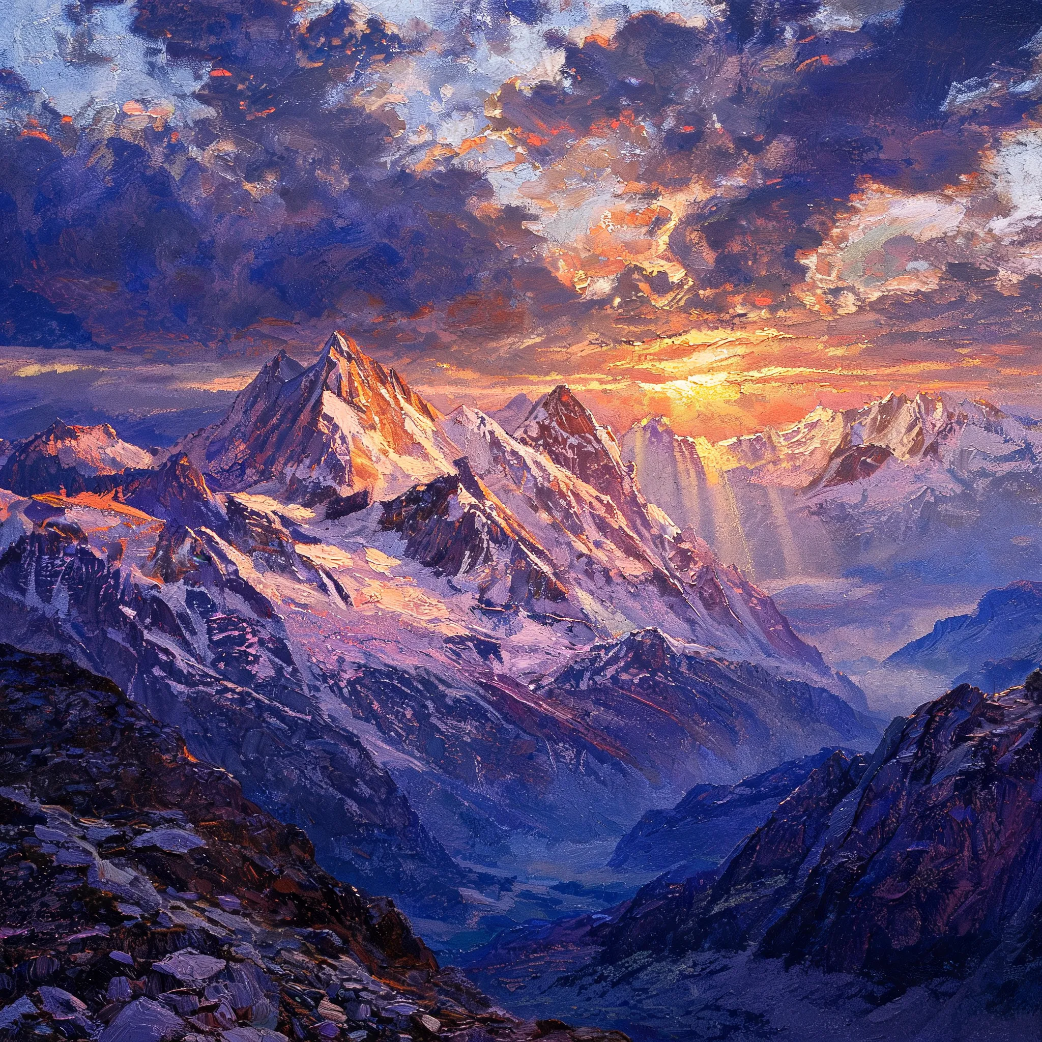 Majestic oil painting of mountain peaks at sunrise, dramatic light breaking through clouds, bold palette knife technique, cool purples and blues contrasting with warm orange sunlight, showing scale and grandeur of nature, inspired by Albert Bierstadt