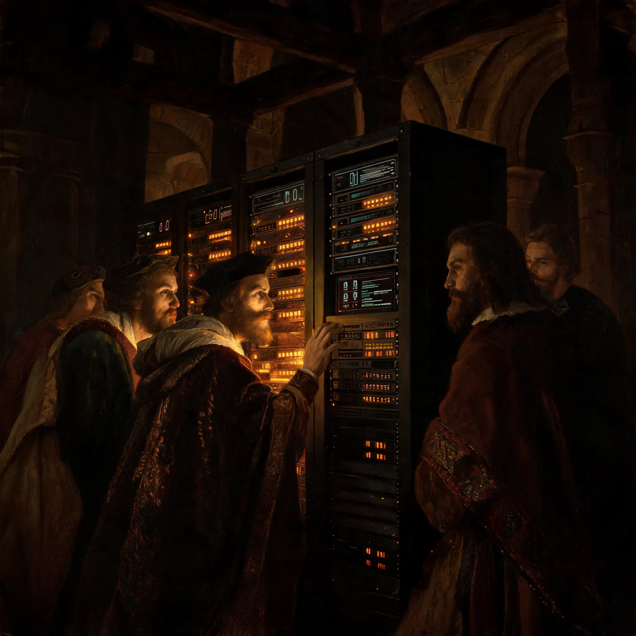 A Renaissance-style oil painting depicting a modern data center, in the style of Rembrandt, dramatic chiaroscuro lighting, servers and screens illuminating faces like candlelight, highly detailed, 8k, masterpiece