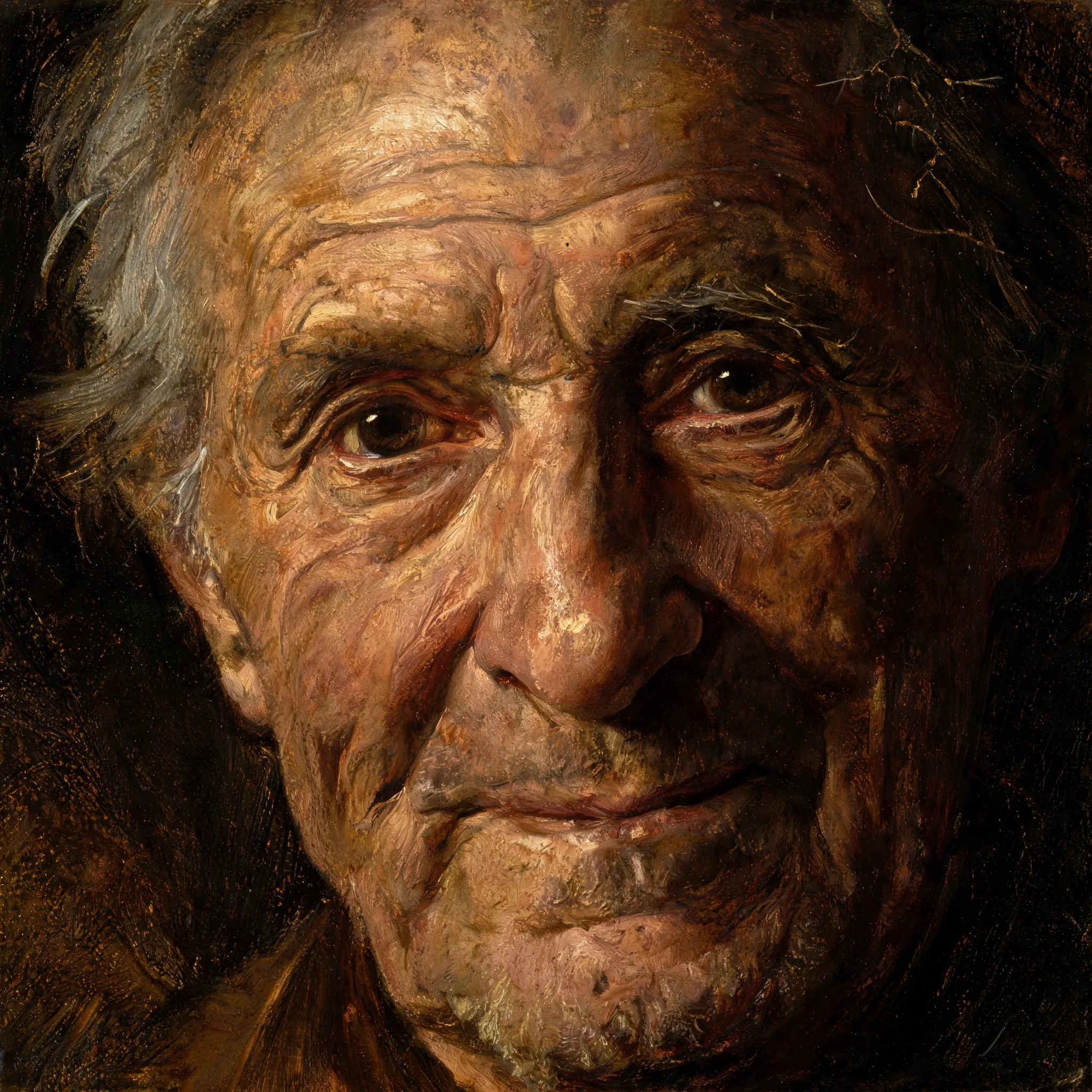 Detailed oil portrait of an elderly person's face, every wrinkle and life story captured in expressive brushstrokes, Rembrandt-style lighting, warm earth tones, deep shadows, focus on eyes that tell stories, hyperrealistic style