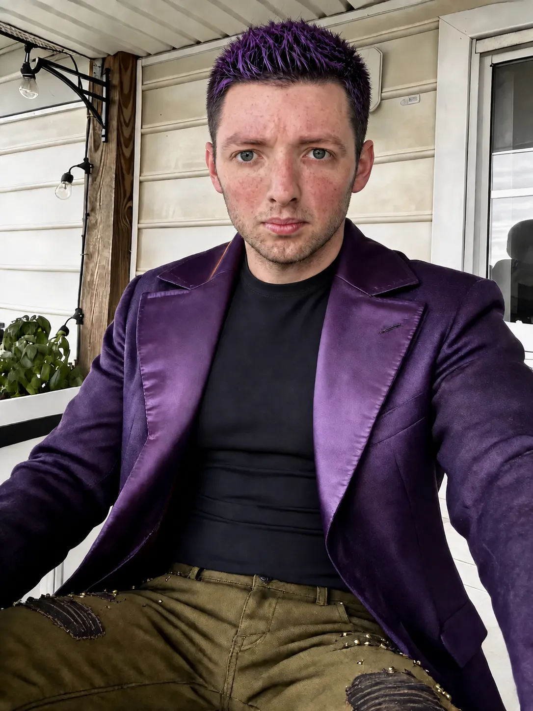 Change my hair color to purple and black highlighted style.