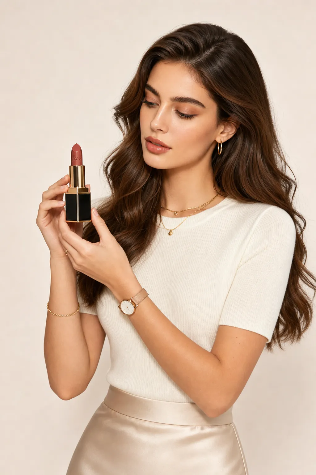 Create an e-commerce lifestyle product photo using the uploaded portrait and uploaded product image. Product placement style: Looking At Product