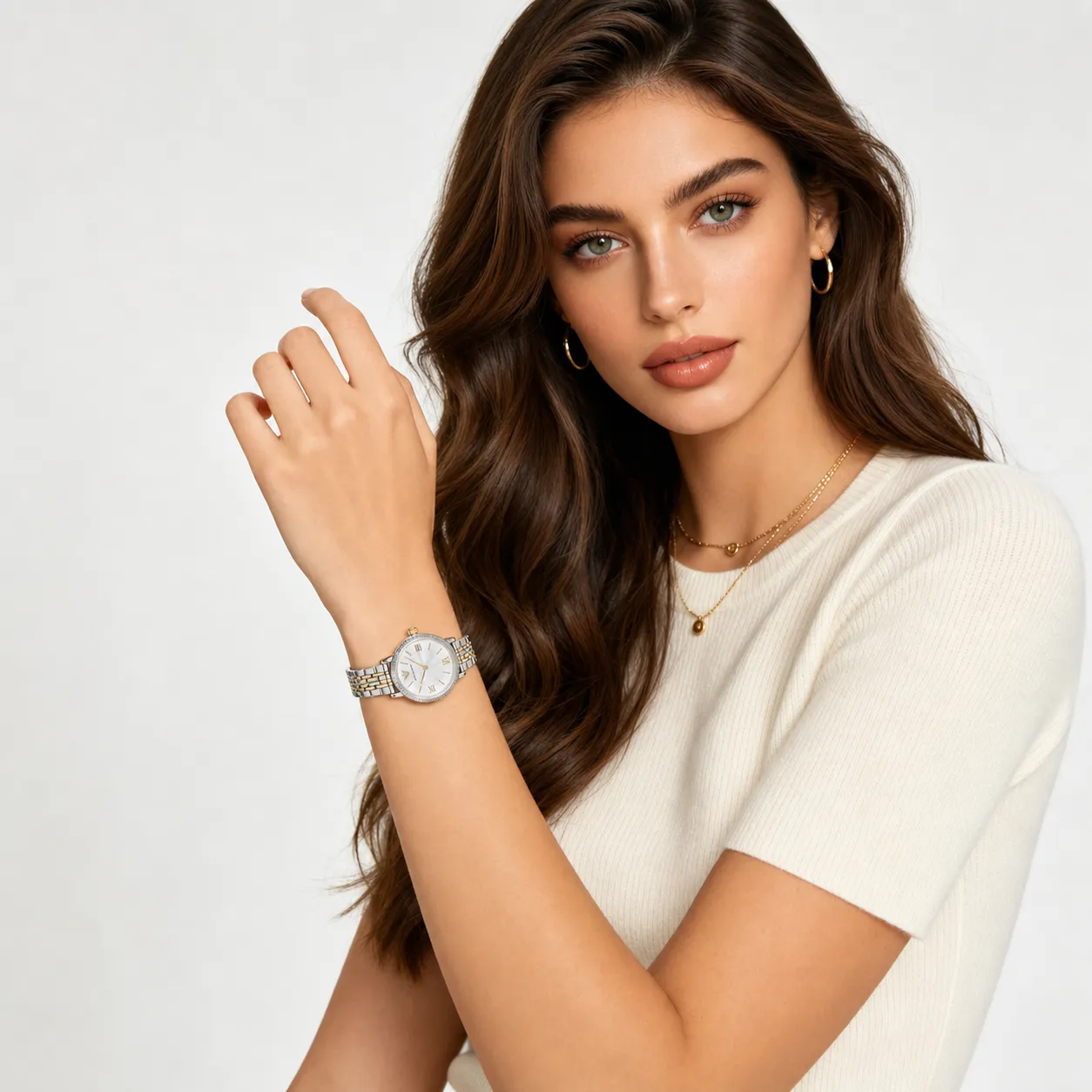 Use the uploaded model image as the final model and background reference. Use the uploaded watch product image as the exact watch reference. Use the uploaded watch pose reference image only as the pose and composition guide.