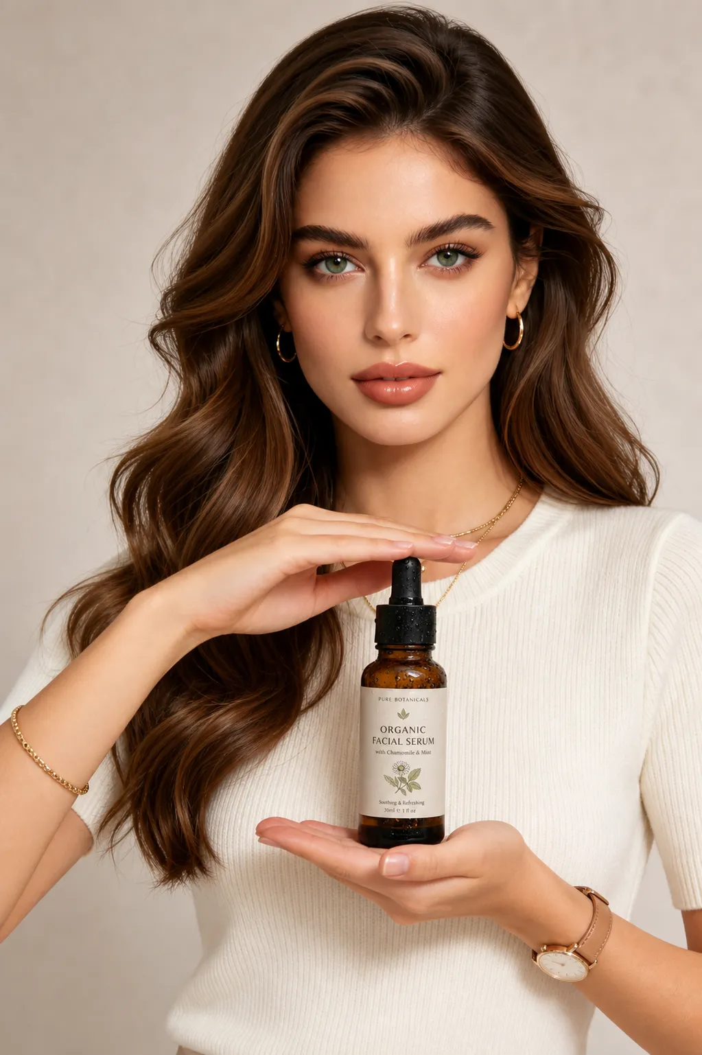 Create an e-commerce lifestyle product photo using the uploaded portrait and uploaded product image. Product placement style: Close Up Front Detail
