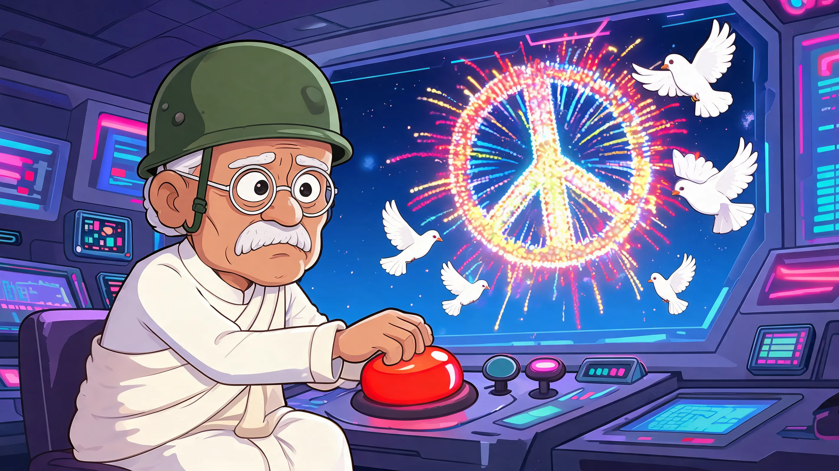 Mahatma Gandhi from Civilization game, wearing a military helmet and sitting in a futuristic command center, pressing a giant red button. Instead of a nuclear explosion, the screen shows a massive colorful firework display in the shape of a peace sign, with doves flying out. Gandhi looks utterly confused and disappointed. Comedic irony, bright neon colors, cartoon style, satirical political humor.