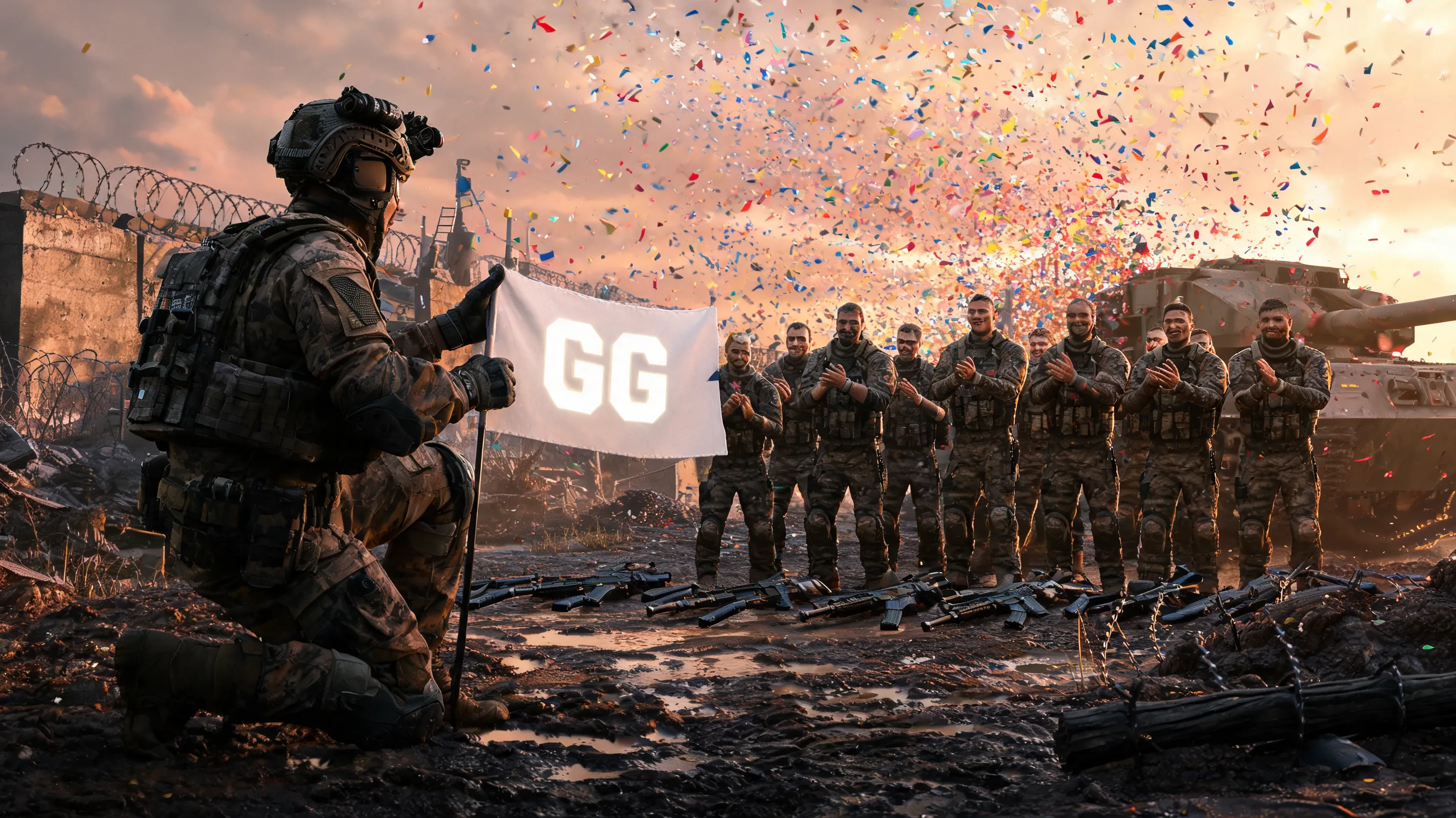 A hyper-realistic Call of Duty soldier in full tactical gear, kneeling in a muddy battlefield, holding a white flag that says "GG" in glowing letters. In front of him, enemy soldiers have dropped their weapons and are giving him a standing ovation and clapping. Explosions in the background turn into confetti. Absurd contrast, dramatic lighting, meme-worthy moment, photorealistic.