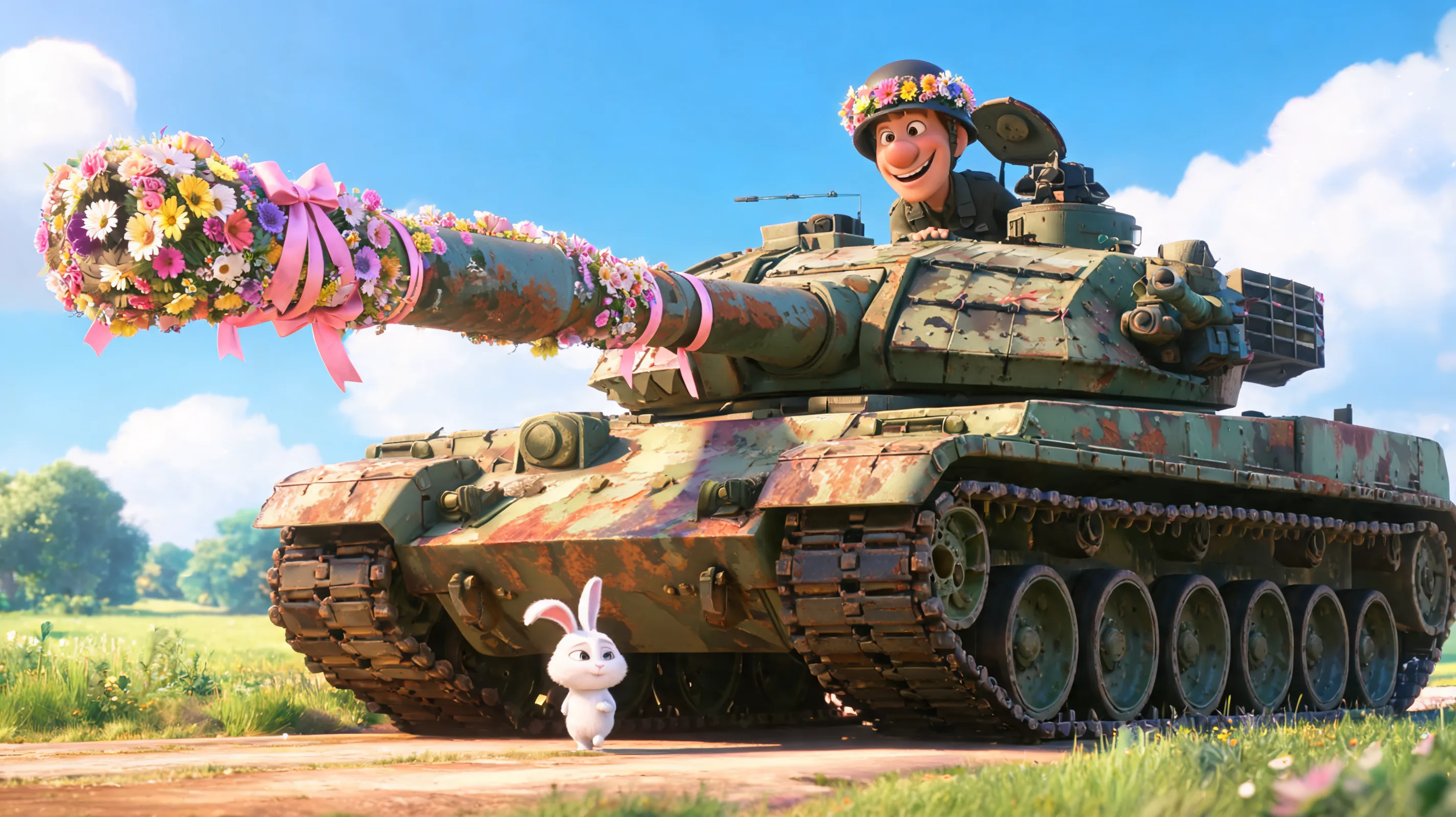 A massive military tank from World of Tanks, covered in rust and camo paint, but its cannon barrel is completely wrapped in colorful flowers and pink ribbons. A tiny cute rabbit is calmly crossing the road in front of the tank, and the tank has stopped to wait. The tank commander is leaning out with a big goofy smile and a flower crown on his helmet. Whimsical, bright daylight, Pixar animation style.
