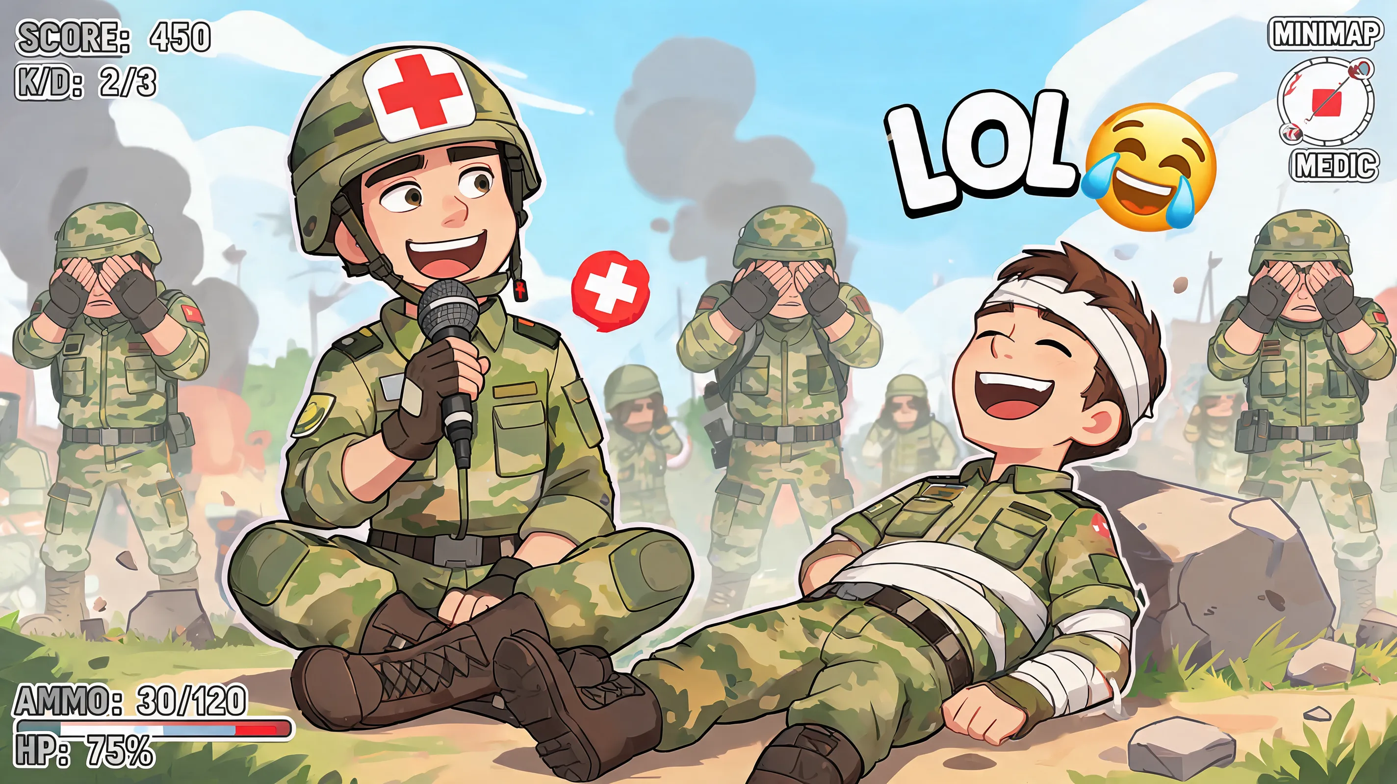 A Battlefield-style combat medic, wearing a red cross helmet, sitting cross-legged next to a wounded soldier lying on the ground. Instead of healing, the medic is holding a microphone and telling a joke, while the wounded soldier has a giant "LOL" emoji floating above his head. Other soldiers in the background are face-palming. Chaotic comedy, vibrant colors, cartoonish over-exaggeration, game HUD elements floating around.
