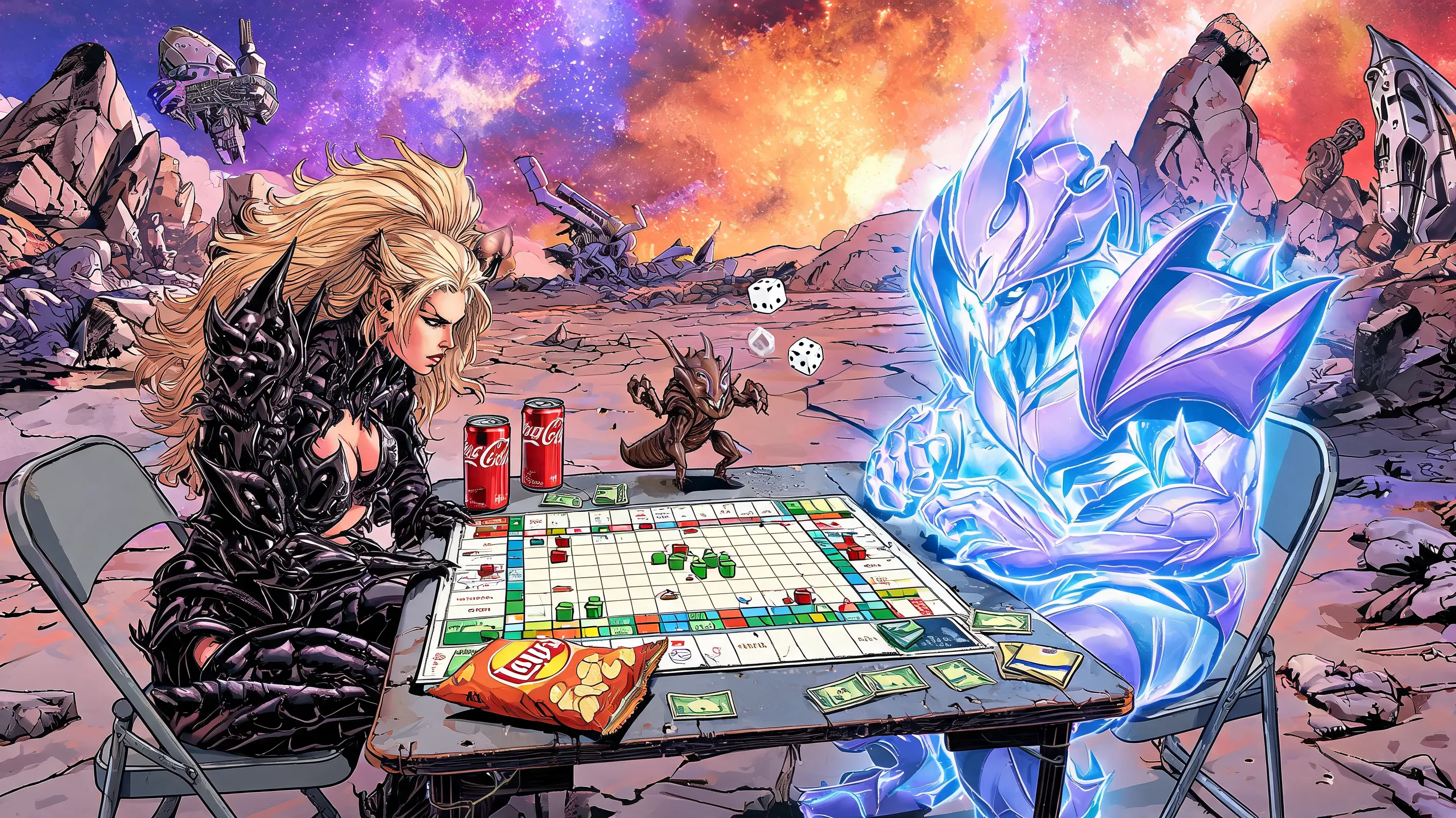 Zerg Queen Kerrigan and a Protoss Archon, sitting on folding chairs in the middle of a destroyed alien planet, playing a Monopoly board game on a makeshift table. There are bags of chips and soda cans next to them. Both look intensely competitive but peaceful. A tiny Zergling is rolling dice. Surreal humor, sci-fi meets everyday life, colorful, comic book style.