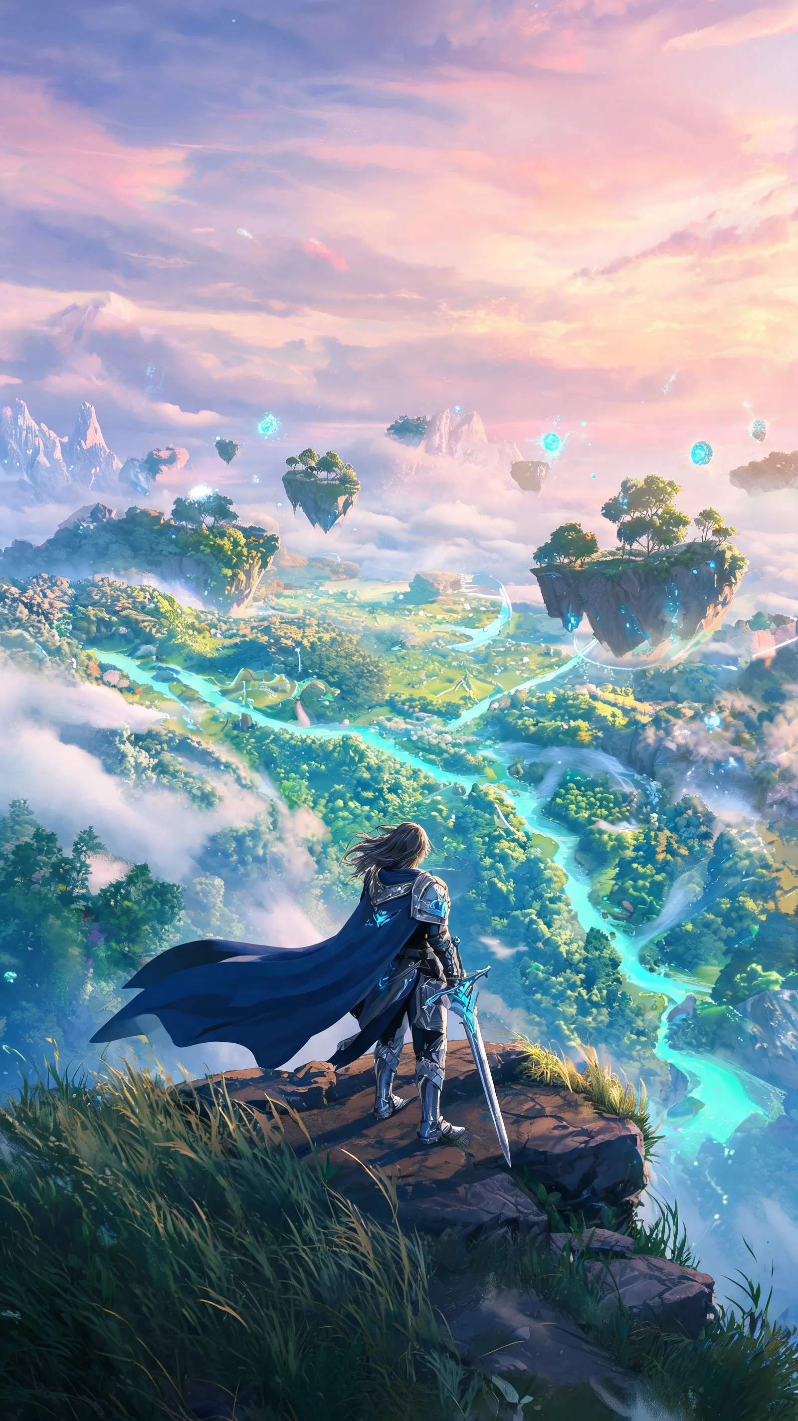 Generate a fantasy anime scene with a warrior standing on a cliff, overlooking a vast, mystical landscape.