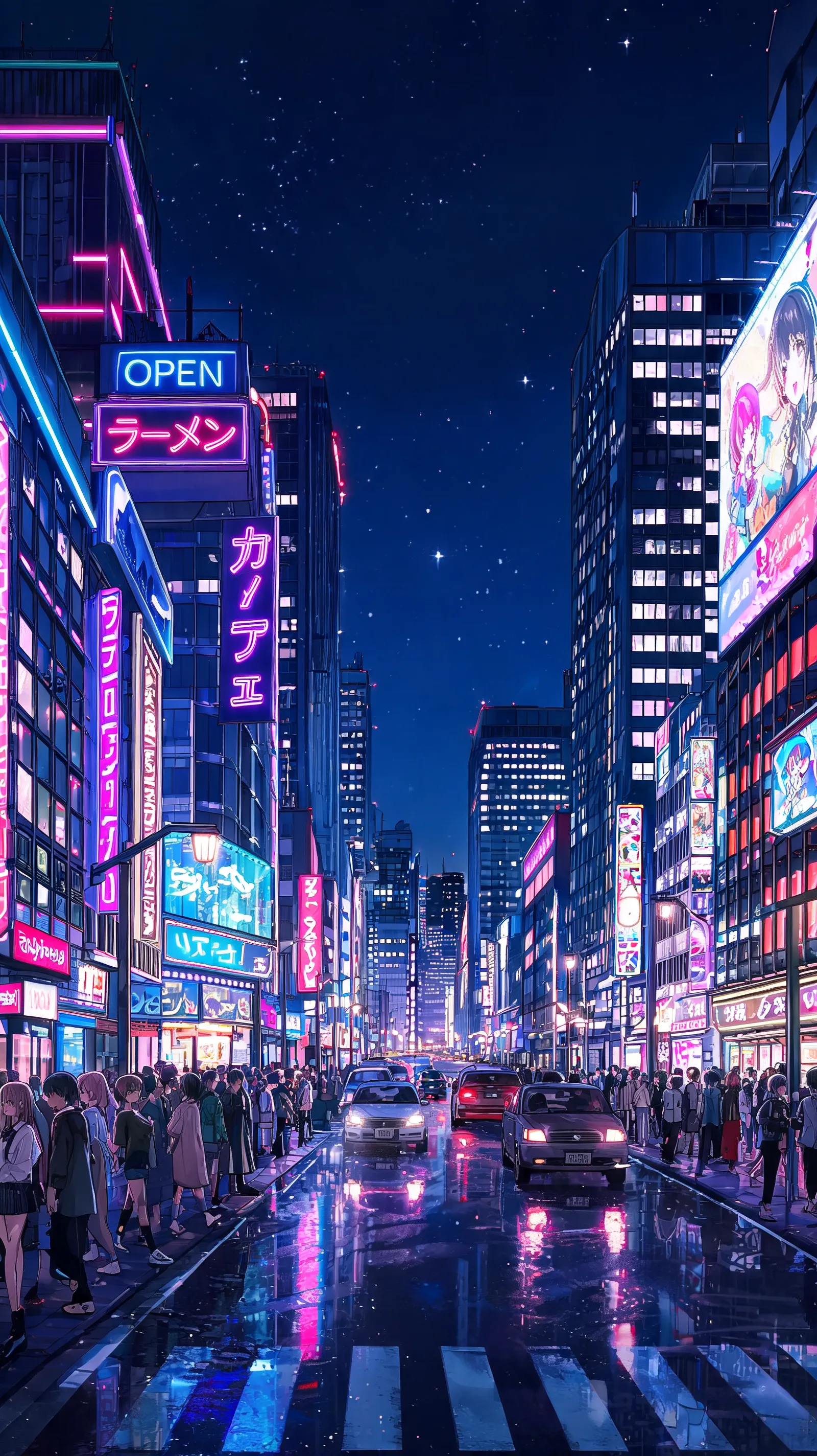 Design an anime-style cityscape at night, with neon lights and bustling streets.