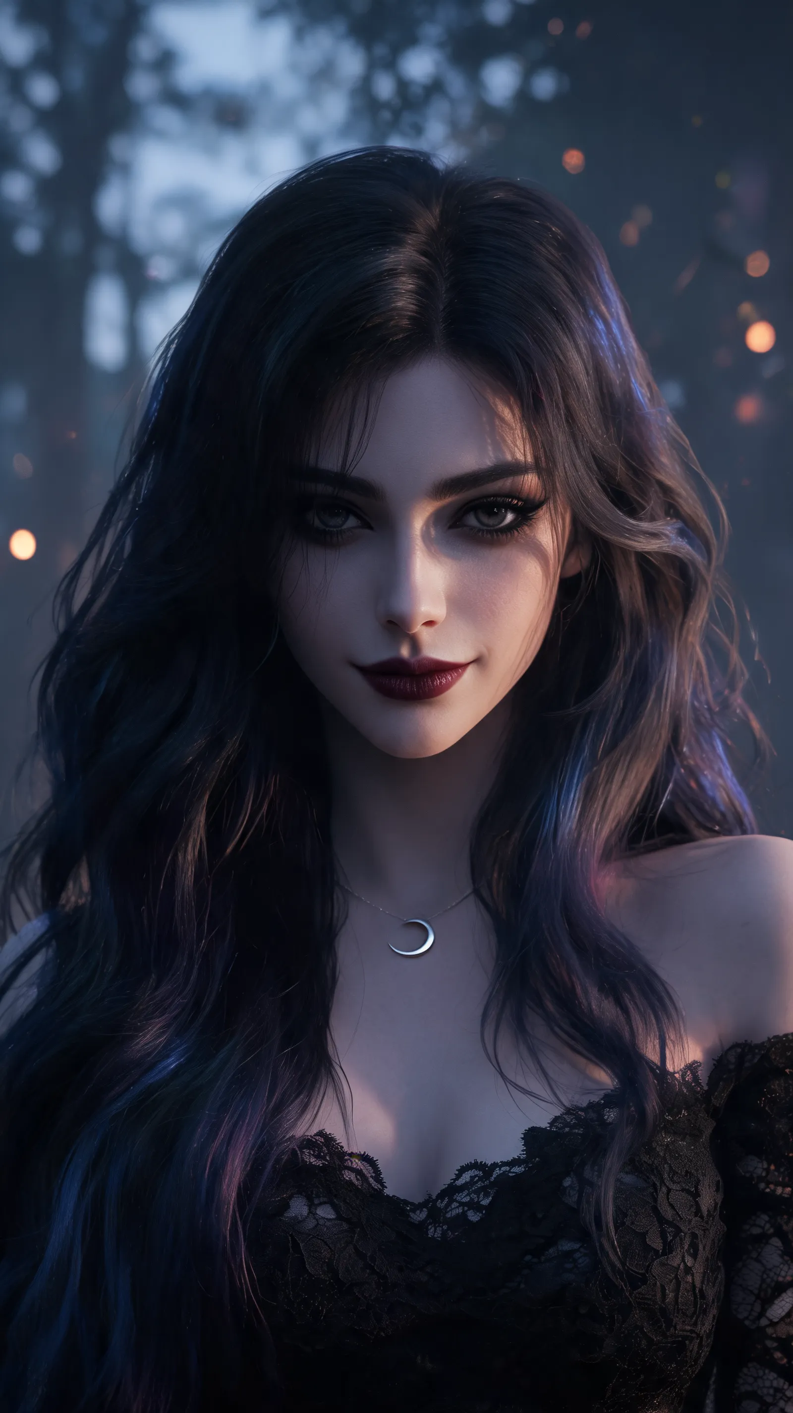 Create a portrait wallpaper of a mysterious woman with striking features and an enigmatic expression.