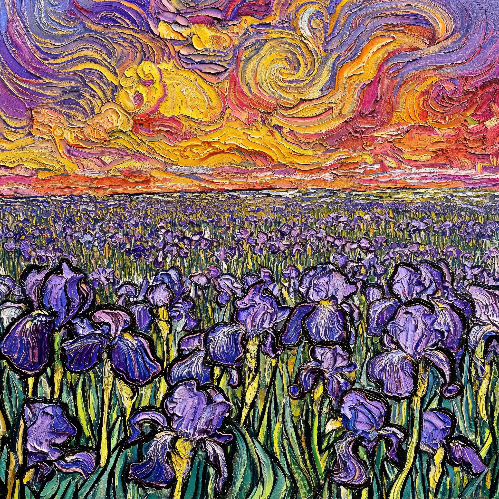 Impasto oil painting of a vast iris field under a dramatic sunset, thick layers of creamy cadmium yellow and violet oil paint applied with palette knife. The foreground features bold, child-like crayon outlines defining each flower petal, with visible wax texture and scratches over the heavy oil impasto. Style of Van Gogh meets Cy Twombly, intense color saturation, rough canvas texture, magical atmosphere, 8k.