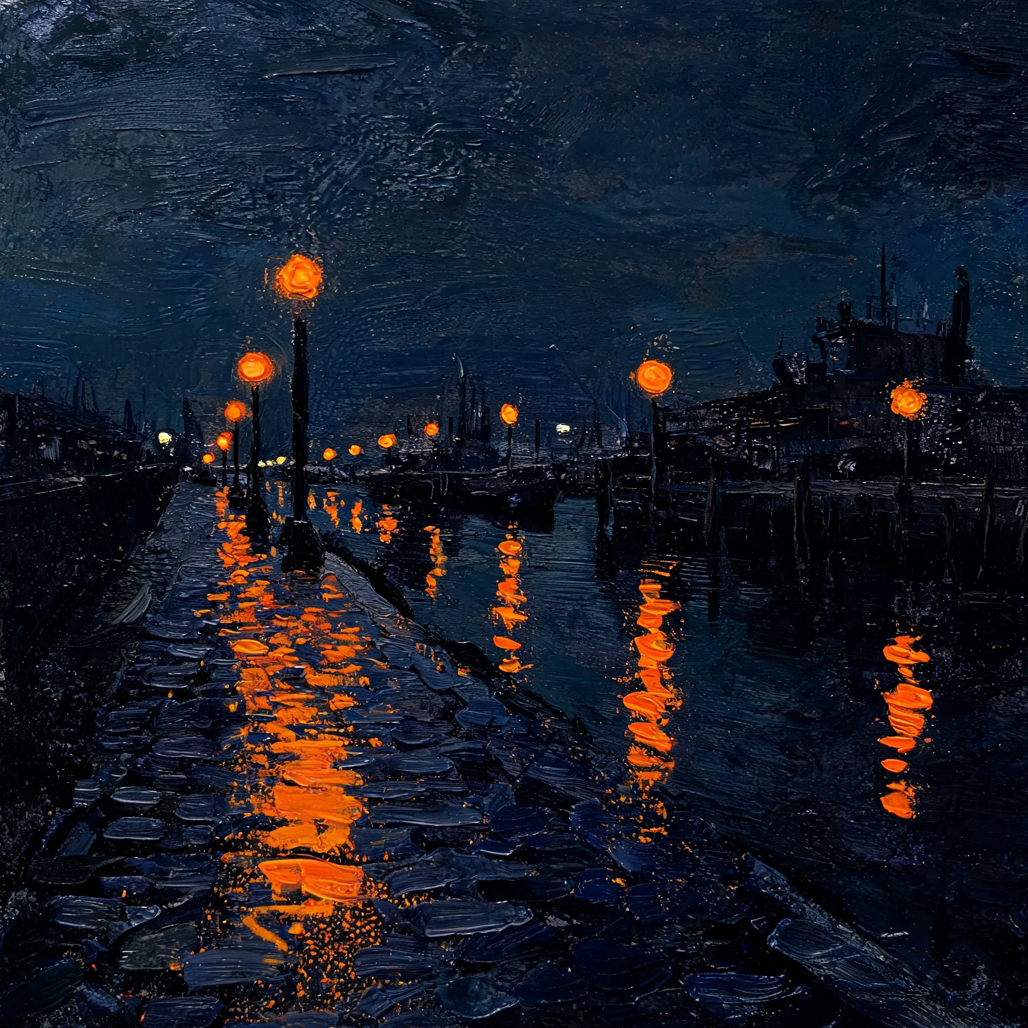 A moody harbor scene at night after rain, wet cobblestones reflecting glowing orange street lamps. Created with heavy oil paint smudges in deep blues and blacks, while the reflections and ripples are drawn with bright, waxy oil pastel (crayon) strokes that resist the oil paint. Choppy brushwork, gritty urban atmosphere, visible crayon dust, blurred and sharp contrast, cinematic lighting, emotional.