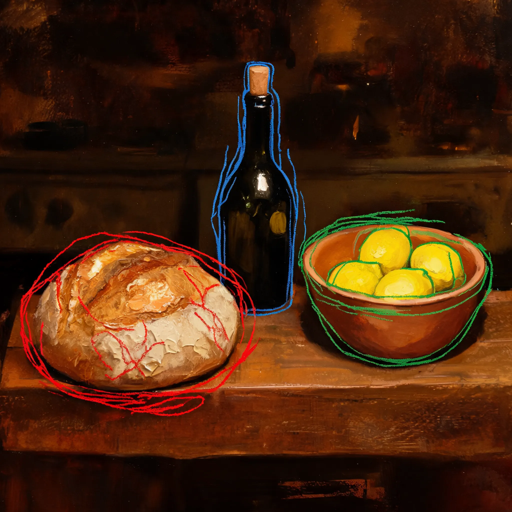 A nostalgic still life of a rustic kitchen table, featuring a boule of bread, a wine bottle, and a bowl of lemons. The base is rendered with smooth, blended oil paint creating a warm, dark ambient glow. Overlaid with naive, scribbled crayon lines in primary colors (red, blue, green) that outline objects and add a child-like perspective distortion. Heavy impasto highlights on the bread, contrasting with matte wax crayon shading, nostalgic, raw, tactile.