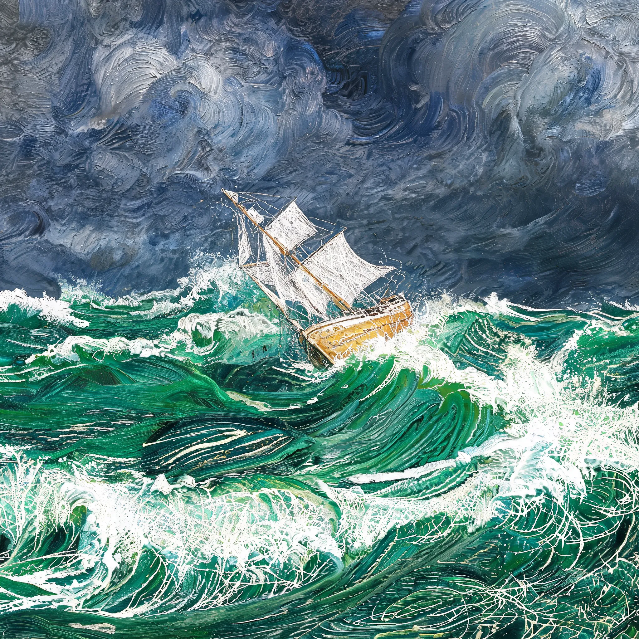 A dramatic seascape with a small sailboat tossed by violent emerald green waves. The roaring sky and churning sea are built with swirling, turbulent oil paint strokes using a fan brush. The boat itself and the crests of the waves are detailed with white and ochre crayon, creating a crackled, scratched effect over the wet oil paint, conveying a sense of urgency and raw power. Loose handling, weather-beaten, masterpiece.