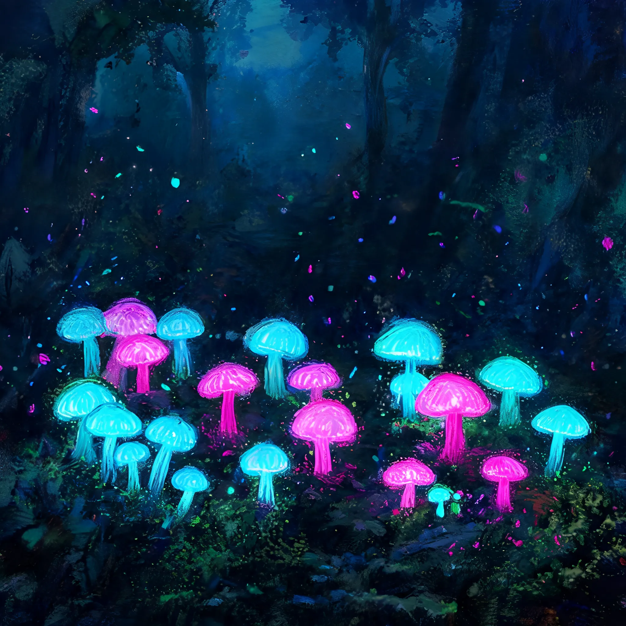 Enchanted forest floor at dusk, with bioluminescent mushrooms glowing in neon cyan and magenta. The dark forest background is a smooth, deep oil paint wash (black-green and ultramarine). The luminous mushrooms and floating spores are drawn with thick, neon crayon over the oil, creating a stark contrast between the oily depth and the opaque, waxy brightness. Glowing effect, surreal, dense forest atmosphere, macro detail, fantasy illustration style.