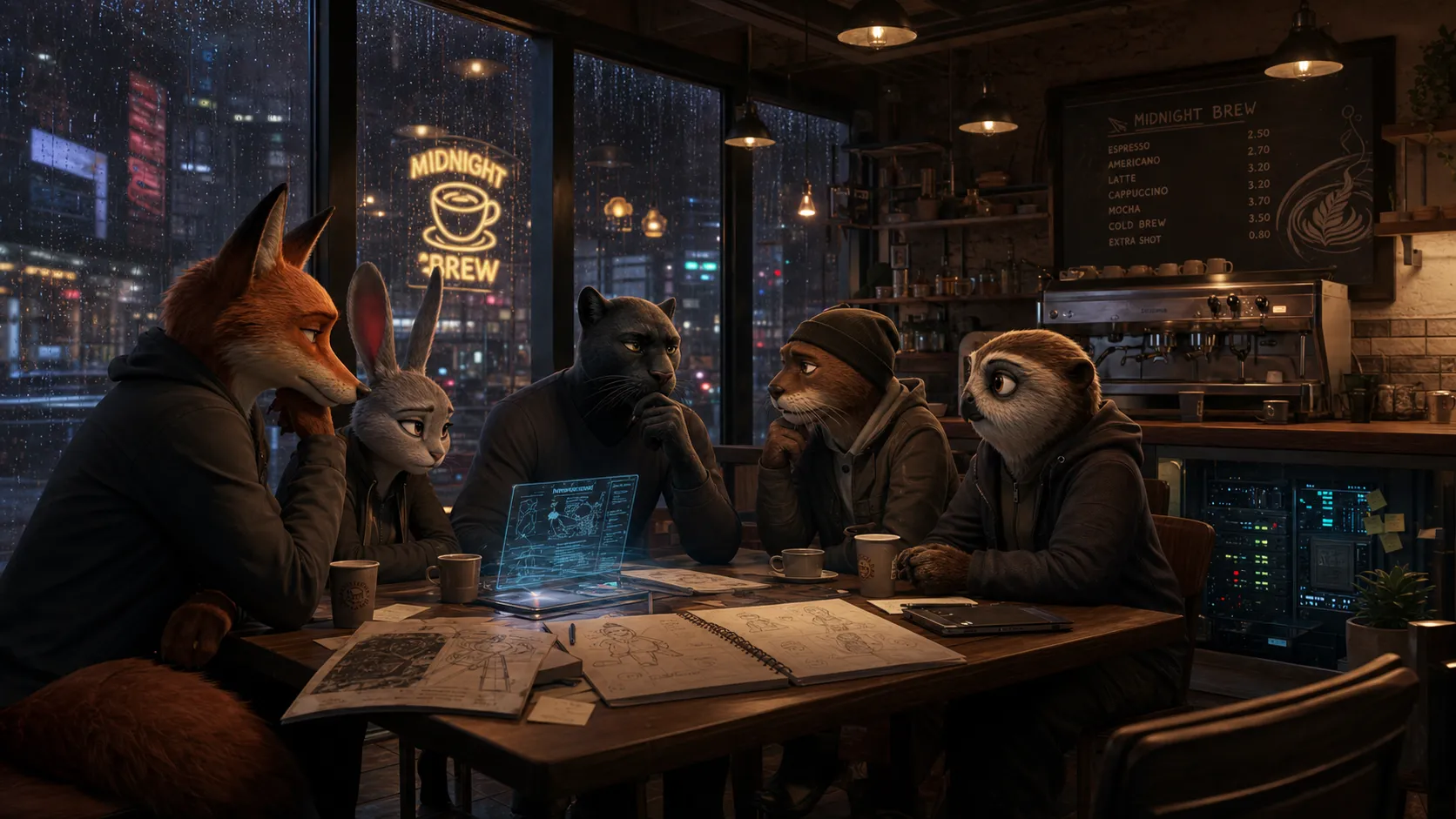 A cozy independent coffee shop at midnight in a modern city, the secret meeting place of five anthropomorphic animal heroes from an adult animated series. Warm amber lights, rain on the windows, half-empty coffee cups, sketches on the table, a laptop with holographic notes, subtle hidden tech under the counter, emotionally intimate urban atmosphere, mature cute but cinematic, sophisticated 3D animated environment design, premium streaming animation background art, not childish, not for children. Negative prompt: preschool cartoon, childish room, toy-like set, fantasy castle, medieval tavern, horror gore, messy clutter, low quality, blurry, bad perspective, empty plain room.