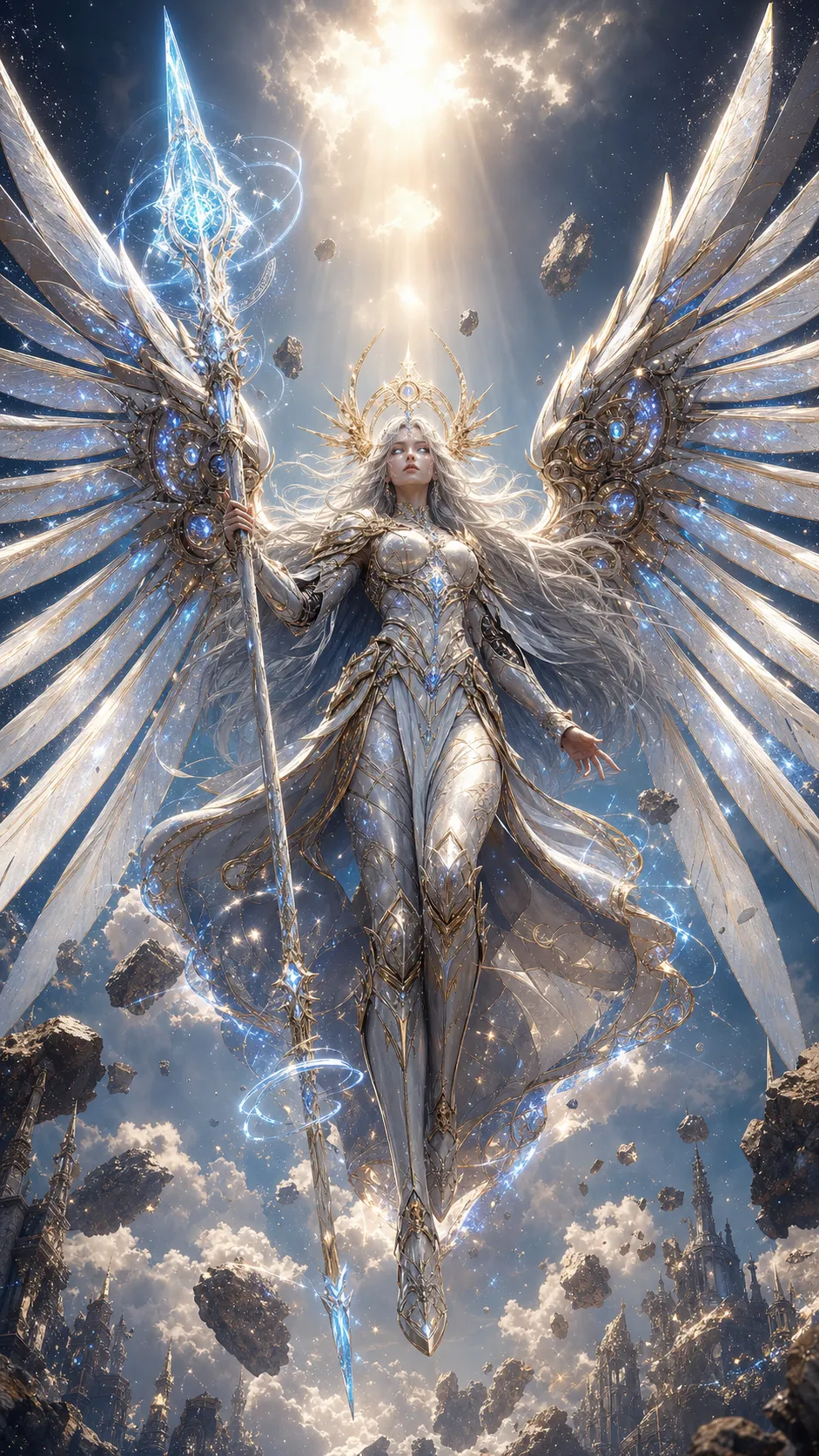 An elite Celestial Valkyrie commander descending from the heavens, clad in ornate white and gold armor forged from celestial metal. Intricate engravings depict constellations and ancient runes glowing with soft blue energy. Massive mechanical wings composed of floating feather-like blades unfold behind her, each feather emitting shimmering particles. She wields a twelve-foot crystalline spear wrapped in rings of orbiting starlight. Her long silver hair flows weightlessly, eyes radiate divine energy, and fragments of broken asteroids orbit around her. Epic storm clouds part as rays of sunlight illuminate her arrival. Unreal Engine 5 cinematic character design, AAA game concept art, hyper-detailed armor craftsmanship, volumetric lighting, masterpiece quality.