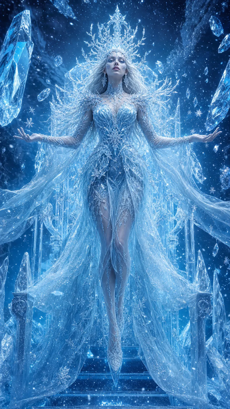 The immortal Queen of Eternal Winter wearing an elaborate gown sculpted entirely from translucent ice crystals and shimmering snowflakes. Her crown resembles frozen branches intertwined with diamonds, while elegant frost patterns spread across her skin like living tattoos. She levitates above an icy throne surrounded by floating crystal shards and swirling blizzards. Ethereal blue lighting, breathtaking fantasy illustration, ultra-detailed costume design.