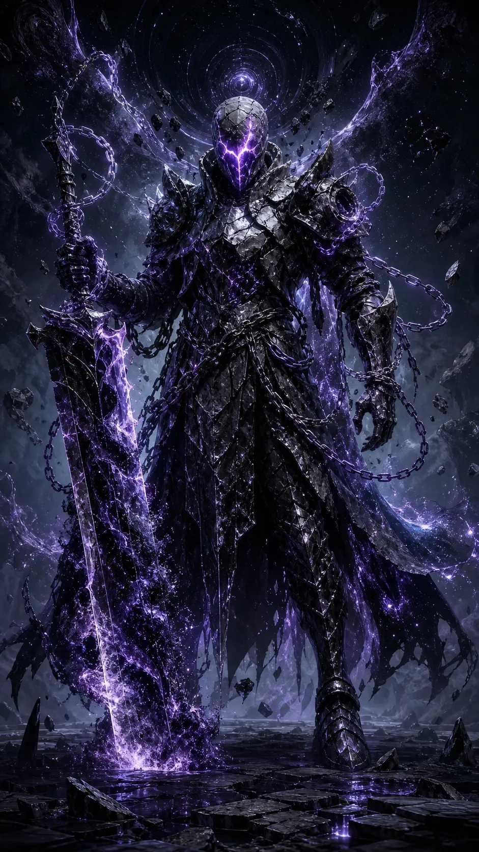 A terrifying executioner from the void between dimensions. His armor is constructed from fragmented black marble, alien obsidian, and constantly shifting cosmic matter. His face is hidden beneath a cracked porcelain mask emitting violet light through deep fractures. Chains forged from compressed dark energy coil around his body. A massive execution blade appears partially dissolved into another dimension, leaving trails of distorted space behind every movement. Dark cosmic horror, AAA boss character concept art, hyper-detailed.