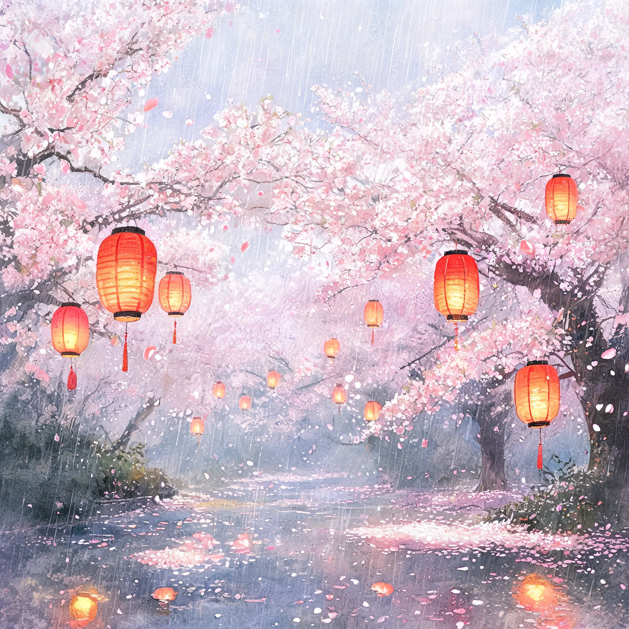 Blooming cherry blossom garden in spring rain, delicate pink petals floating, traditional Japanese lanterns glowing softly, wet-on-wet technique, ethereal atmosphere