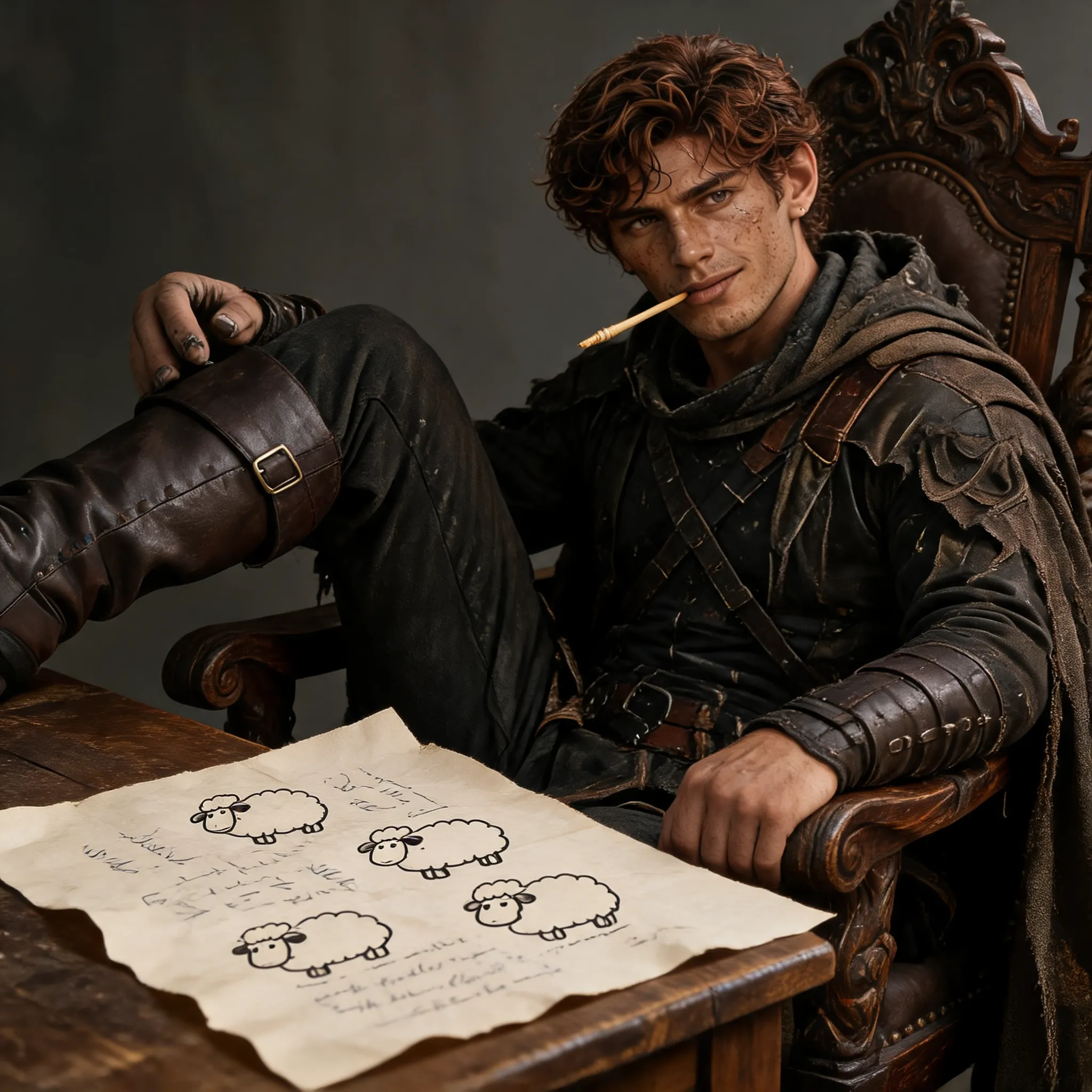 I want to creat a character like this. please leave out the name and all the traits listed. please make the character sit sideways in a fancy oak chair with one boot hooked over the armrest with parchment in front of his with terrible handwriting and drawn sheep. I want a willow stylus in his mouth and a sly smile on his face…