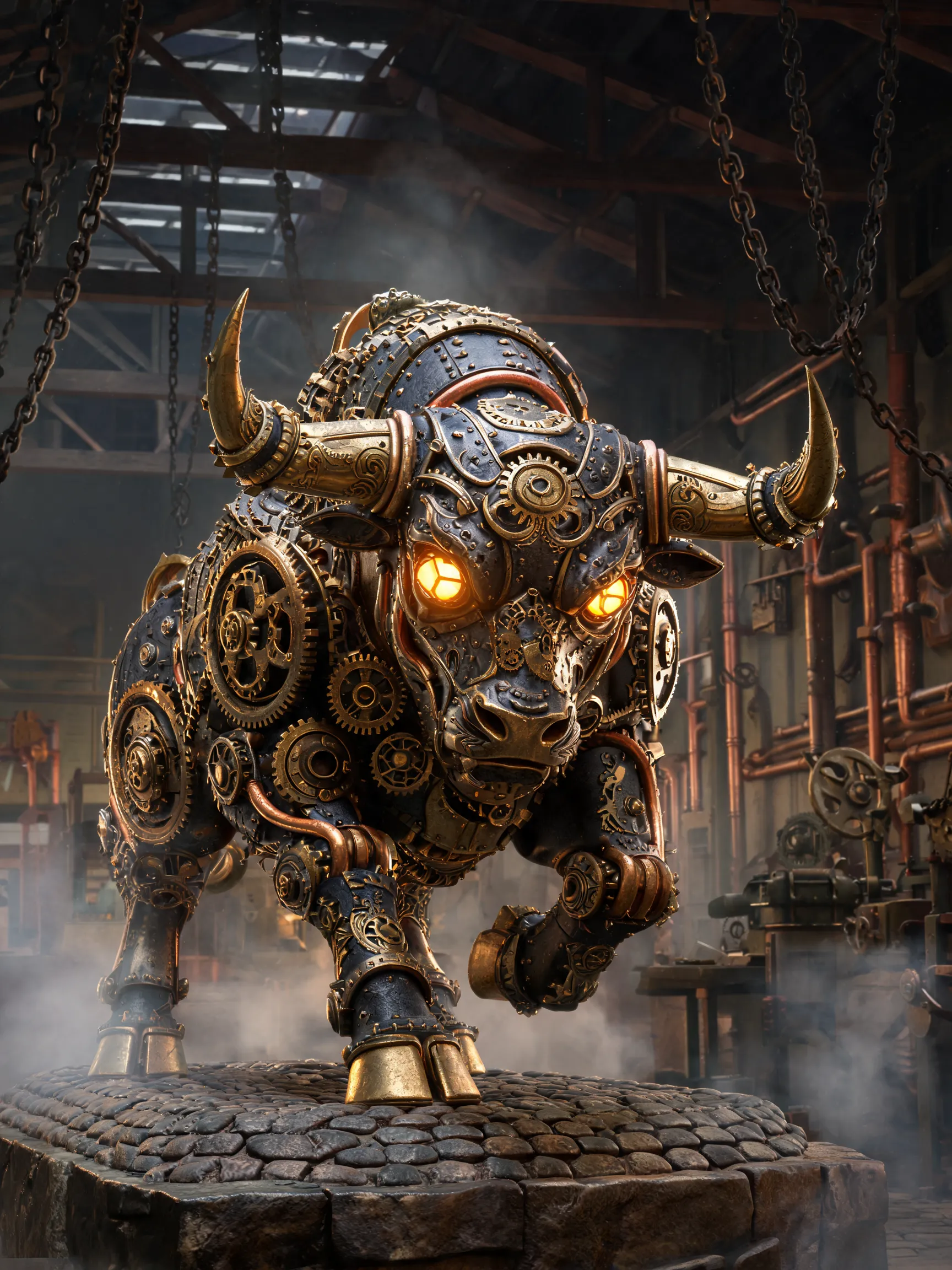 A colossal steampunk bull sculpture, made of interlocking polished brass gears, copper pipes, and riveted iron plates. The bull is in a charging pose, muscles defined by mechanical joints, with glowing amber lanterns for eyes. Intricate engraving details on the metal surface. Standing on a cobblestone plinth in a dimly lit Victorian industrial workshop, background filled with steam and hanging chains. Photorealistic, hyper-detailed texture, cinematic lighting, 8k, industrial design sketch style.