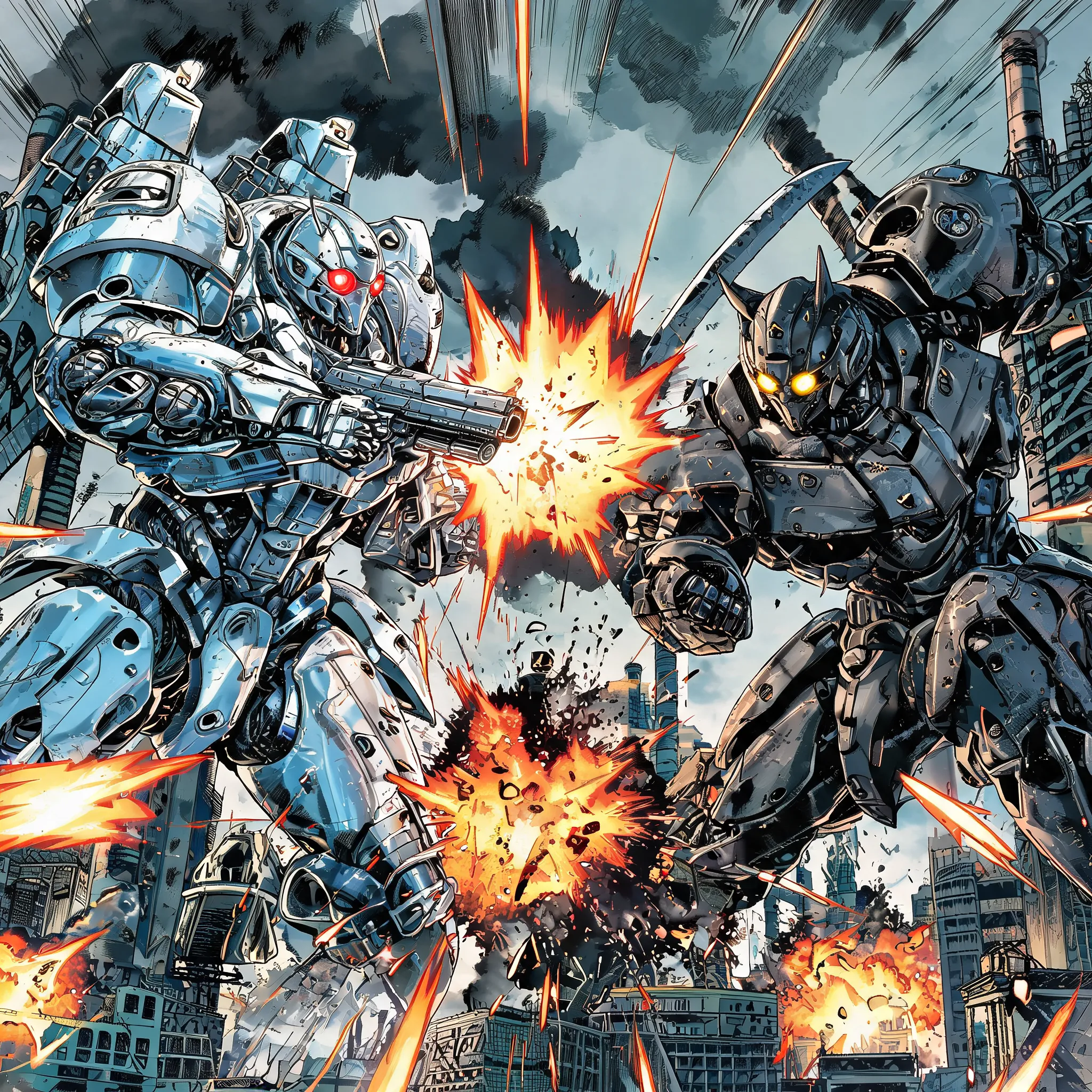 Giant robot battle scene, detailed metallic textures, spectacular explosion effects, industrial-style manga lines