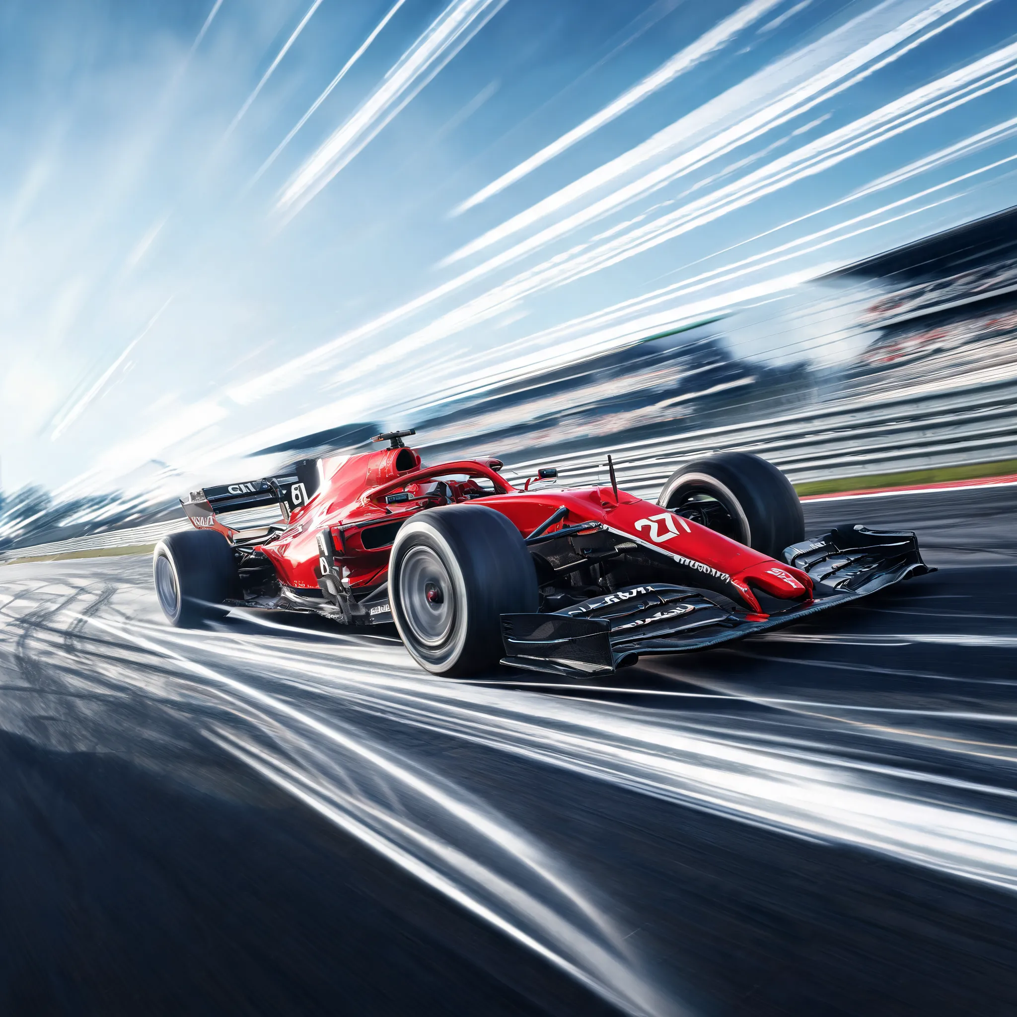 Close-up of racing car, exaggerated speed lines, intense race track scene, dynamic composition