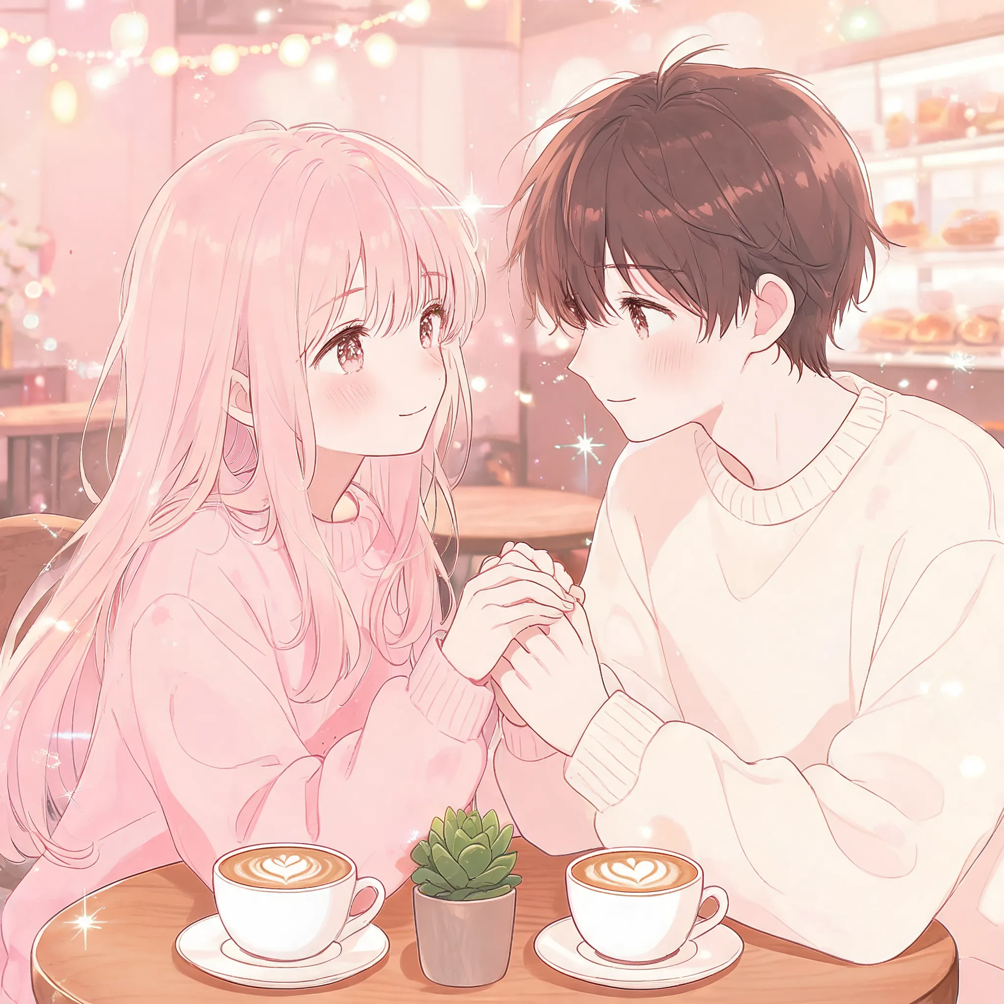 Couple in romantic cafe, soft shoujo manga lines, pink-toned background, warm atmosphere