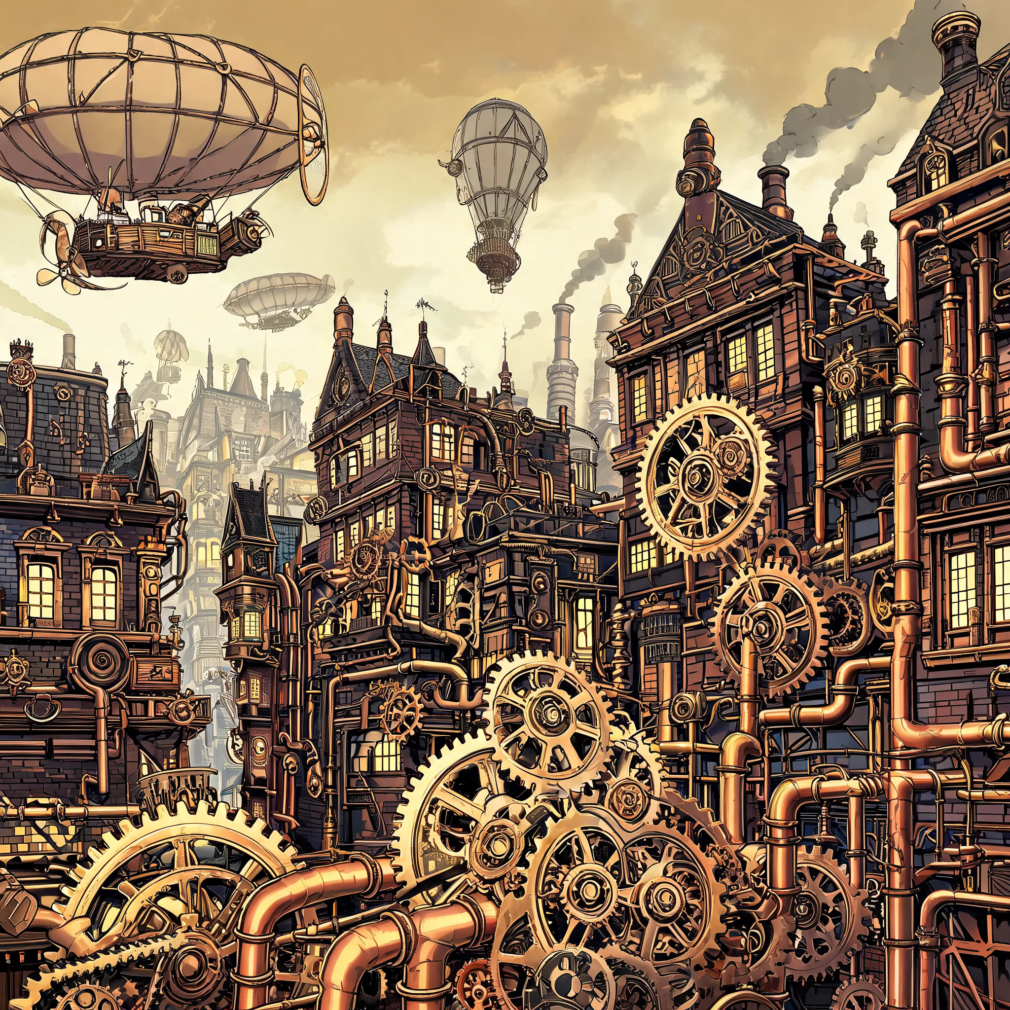 Steampunk city with intertwining gears and pipes, manga-style mechanical details, industrial architecture