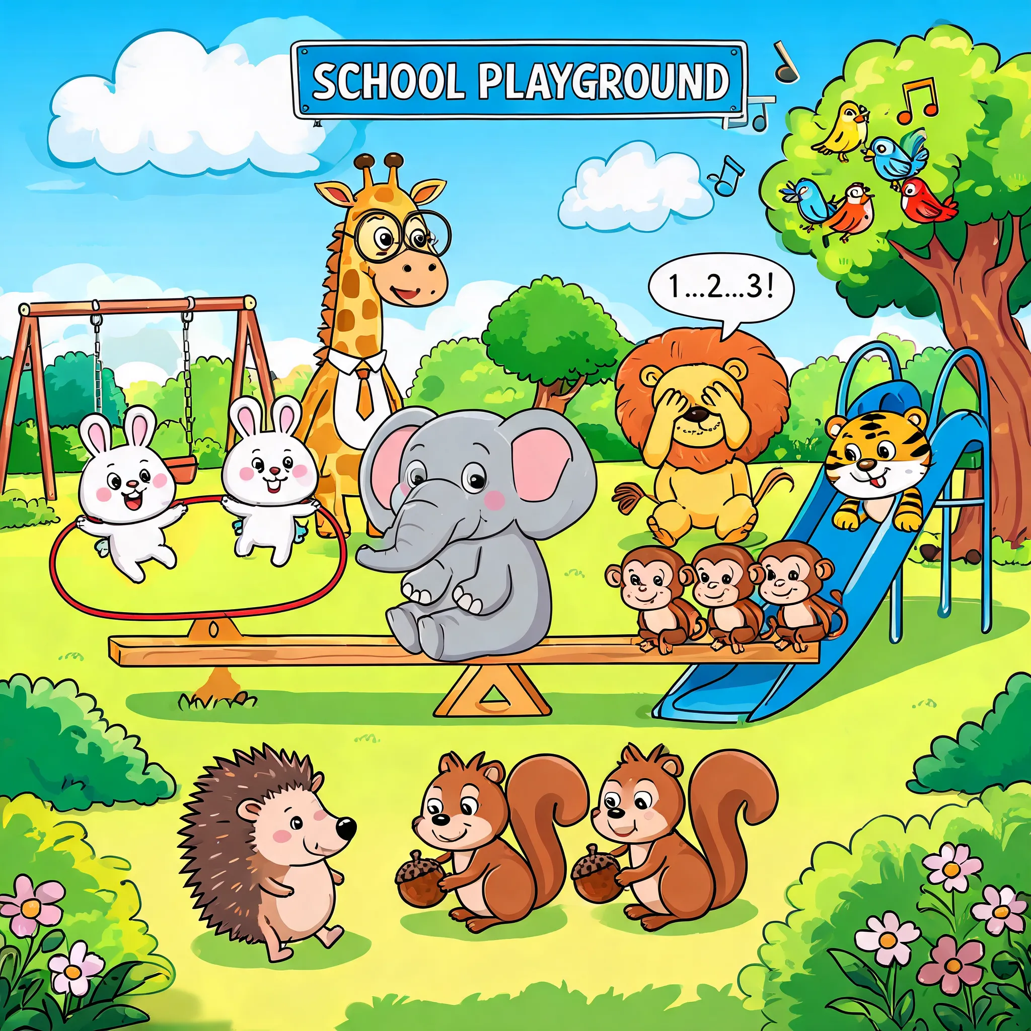 A bustling comic-style illustration showing various animals during recess at a school playground. A giraffe teacher supervises the activities. Rabbits are skipping rope, an elephant plays on a seesaw (balanced by several monkeys), lions and tigers play hide-and-seek, and a flock of birds sing in a tree. In the foreground, a shy hedgehog tries to join the squirrels' game. The whole scene is full of joy and energy, with bright colors.