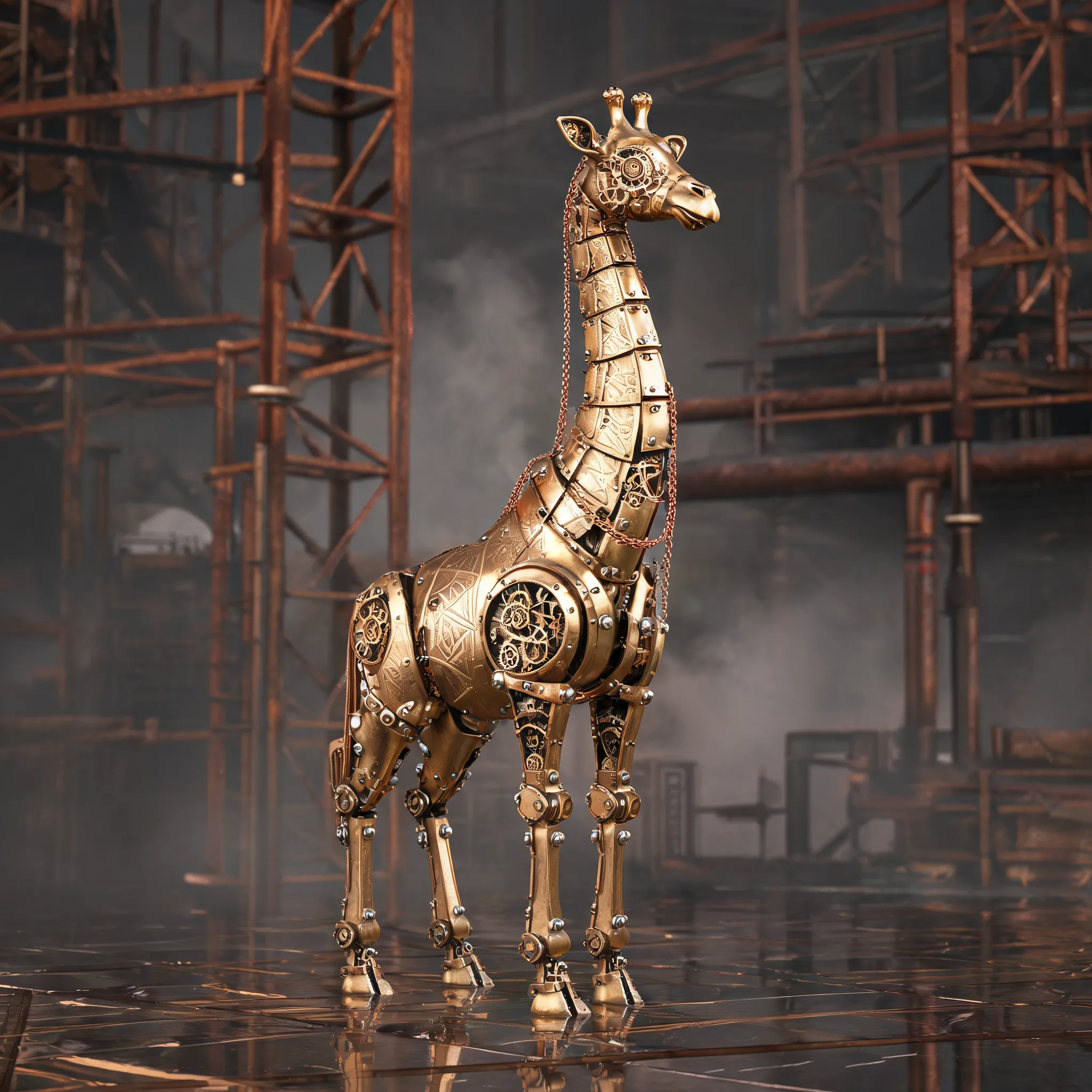 An elegant mechanical giraffe statue, crafted from polished brass, steel bolts, and intricate watchmaker gears. Long neck adorned with delicate copper chains, body parts are smooth metallic surfaces with geometric engraving. Standing on a reflective metal floor, background is an industrial backdrop of rusted scaffolding and smoky air. Steampunk art, high detail, exquisite craftsmanship, sharp focus, concept art, hyperrealistic.