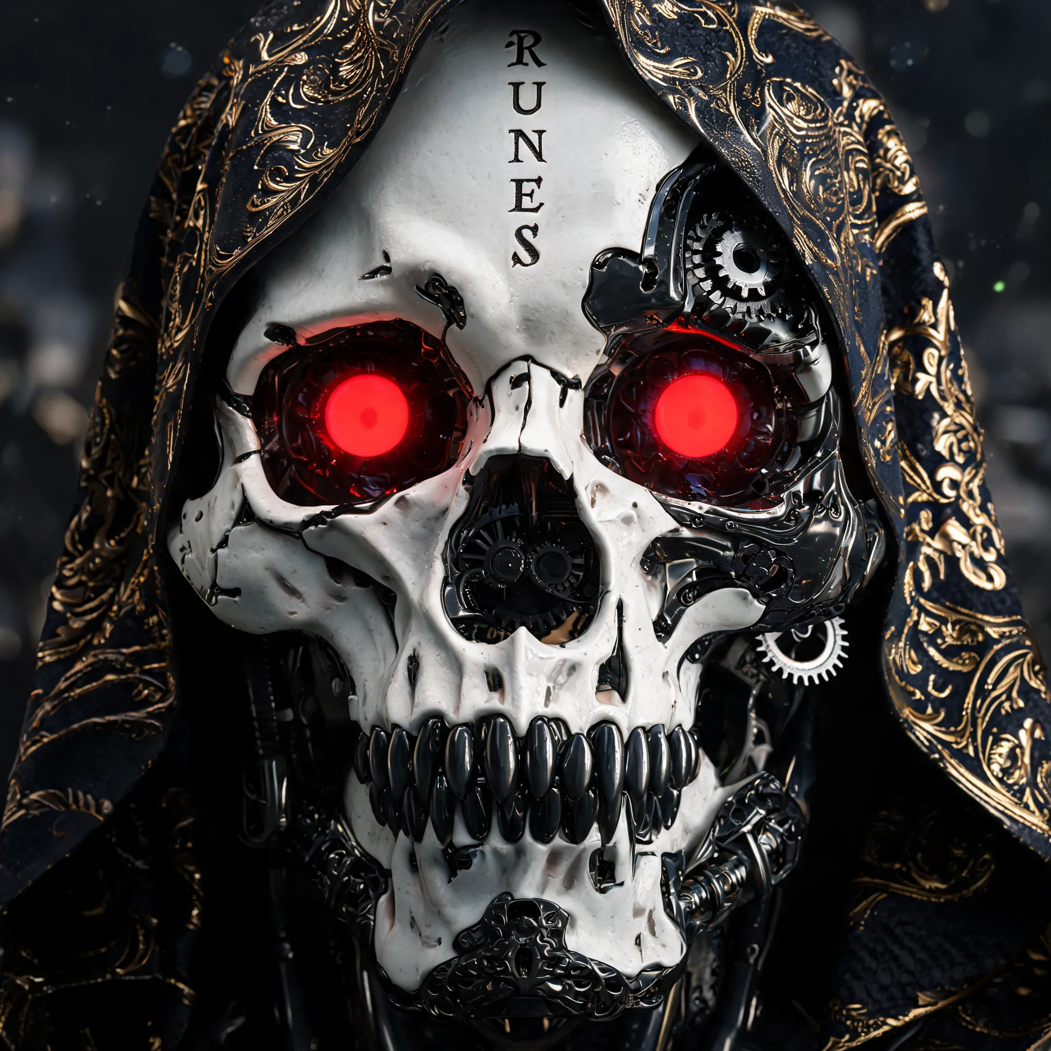 A highly detailed mechanical skull sculpture, combining white bony structures with black metallic components and intricate gears. Hollow red glowing eyes, sharp metallic teeth. The skull is draped in an ornate black hood with golden patterns. Vertical mysterious inscriptions etched on the forehead. Background is blurred, focused lighting emphasizes 3D craftsmanship, futuristic, dark fantasy, industrial design, 3d render, octane render.