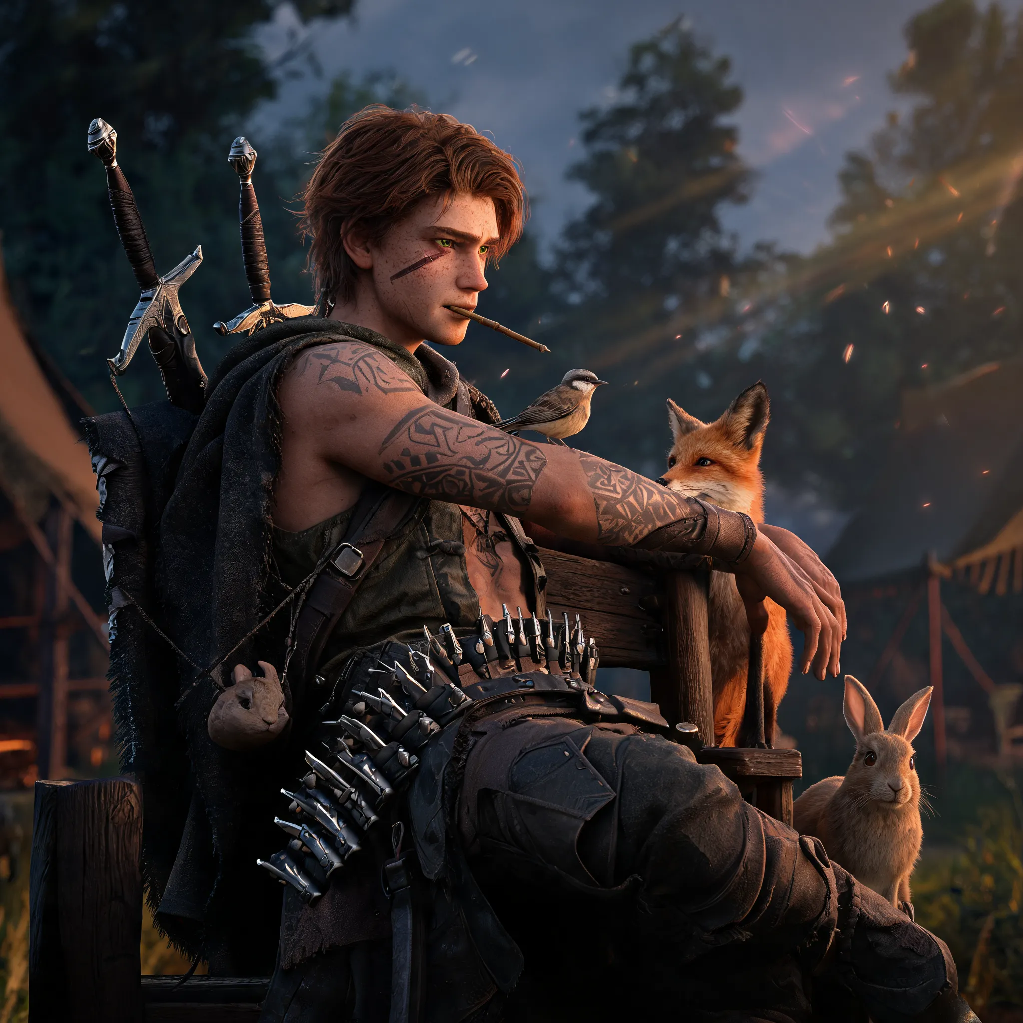 Kazimir Vidarr, extremely tan and dark skin but not black, rough and weathered skin. tall with a ton of lean muscle and broad back and shoulders. sharp jawline, tousled hair that is brown/red-aubrun, green eyes with hint of gold. he has freckles, one scar across his right eyebrow down to his cheek, has a few earthbender tattoos on his arms, back and chest. dryly sarcastic, brilliant military and tactical mind, the most powerful and skilled earthbender in a thousand years. he’s confident and dressed in a rangers garb. he has twin blades and an endless supply of throwing blades (enough to arm a whole village) and also carries around his carving knife and a sling with rocks. he will chew on his willow stylus and all animals love it. he sits sideways in chairs. game of thrones/lord of the rings style art please.