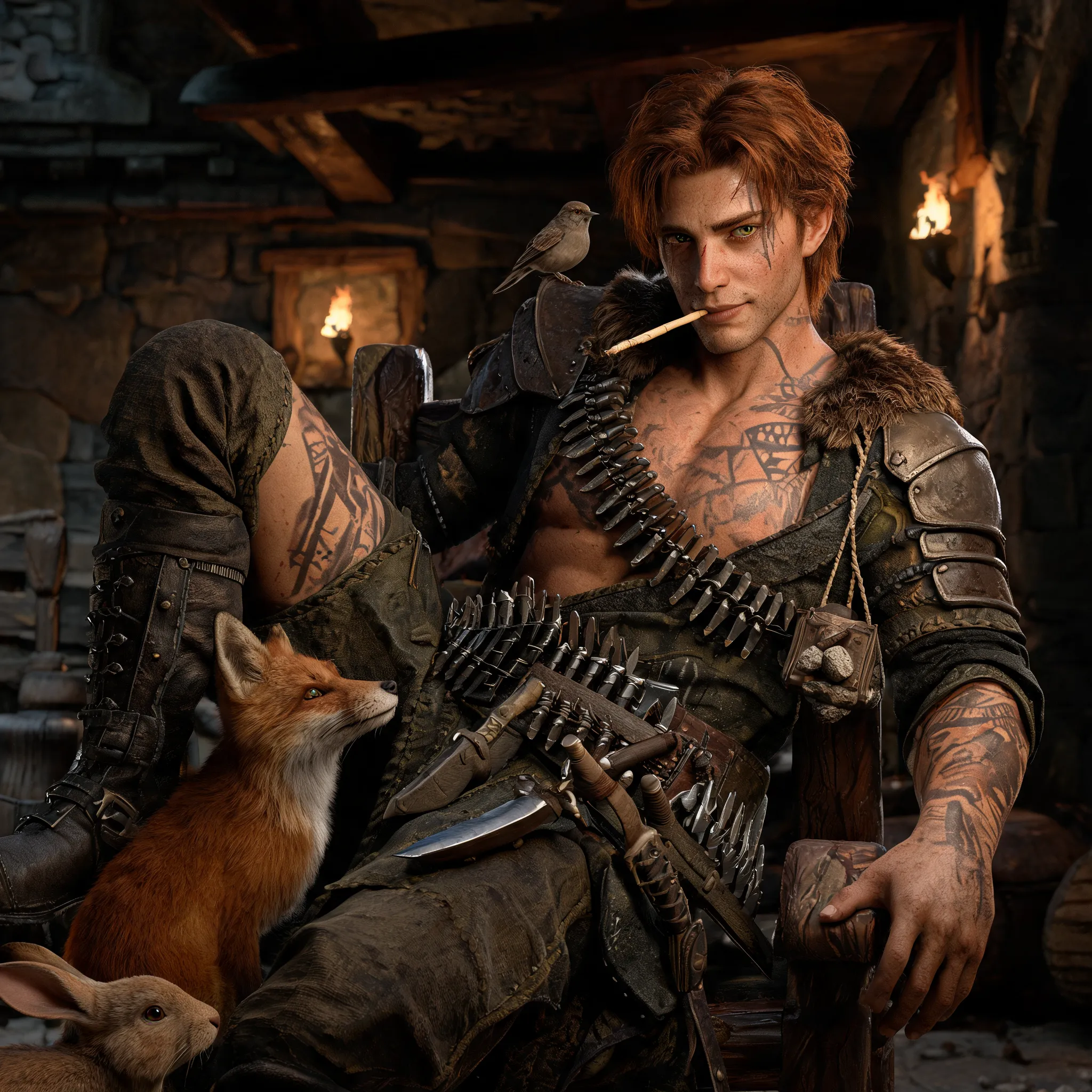 Kazimir Vidarr, extremely tan and dark skin but not black, rough and weathered skin. tall with a ton of lean muscle and broad back and shoulders. sharp jawline, tousled hair that is brown/red-aubrun, green eyes with hint of gold. he has freckles, one scar across his right eyebrow down to his cheek, has a few earthbender tattoos on his arms, back and chest. dryly sarcastic, brilliant military and tactical mind, the most powerful and skilled earthbender in a thousand years. he’s confident and dressed in a rangers garb. he has twin blades and an endless supply of throwing blades (enough to arm a whole village) and also carries around his carving knife and a sling with rocks. he will chew on his willow stylus and all animals love it. he sits sideways in chairs. game of thrones/lord of the rings style art please.