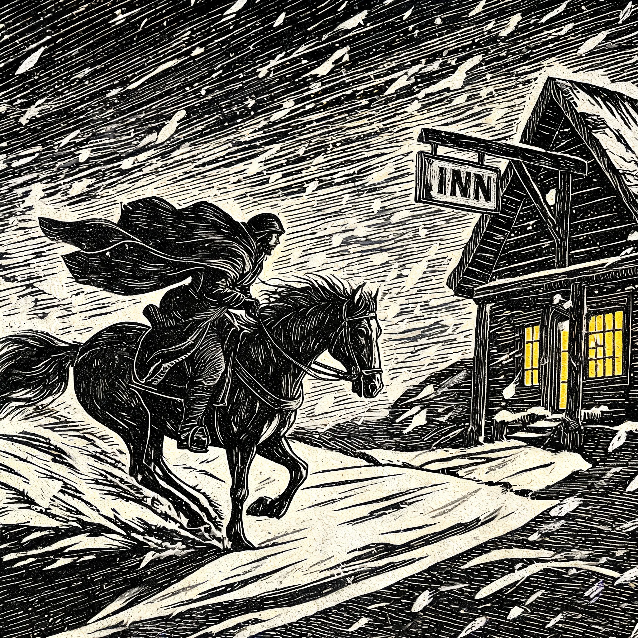 Woodcut print, black and white, a lone traveler on horseback against a strong wind and heavy snow, approaching a small inn with warm yellow lights, bold knife-carved lines, strong contrast, dynamic angular strokes, rough textured paper, vintage illustration style.
