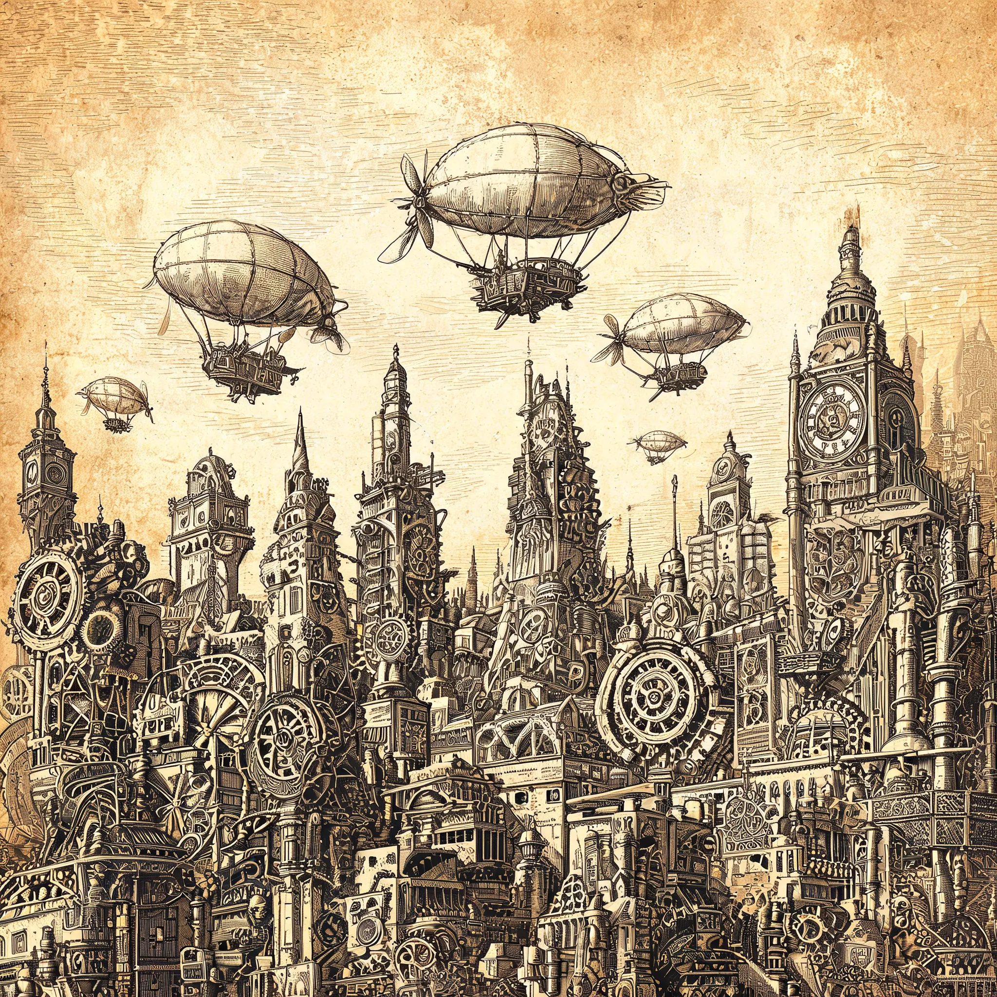 Etching engraving style, intricate cross-hatching, a colossal steampunk mechanical cityscape with gears, airships, and towering spires, highly detailed line work, deep shadows, chiaroscuro, printed on aged parchment paper, monochrome sepia tone.