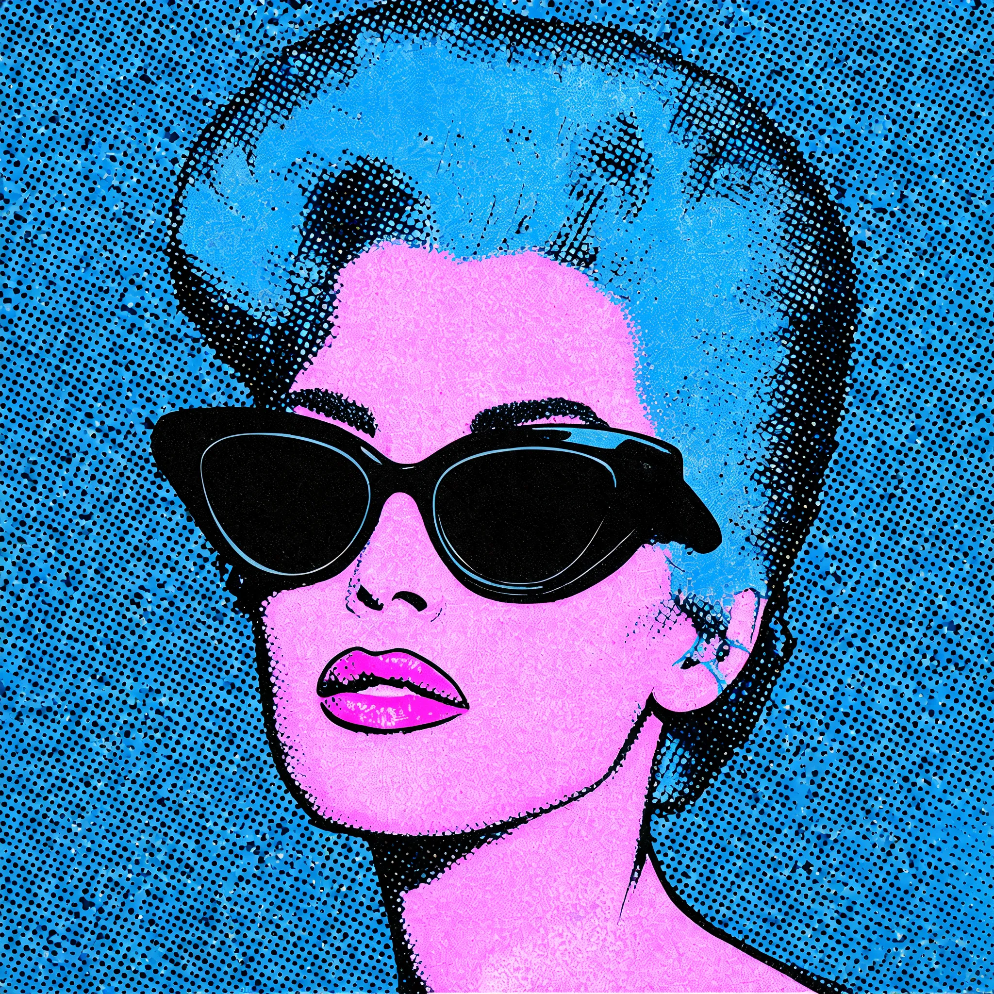 Pop art silkscreen print, portrait of a retro singer with oversized sunglasses, vibrant neon pink and electric blue color palette, bold flat colors, high contrast halftone dots effect, grainy texture, poster art style, sharp edges.