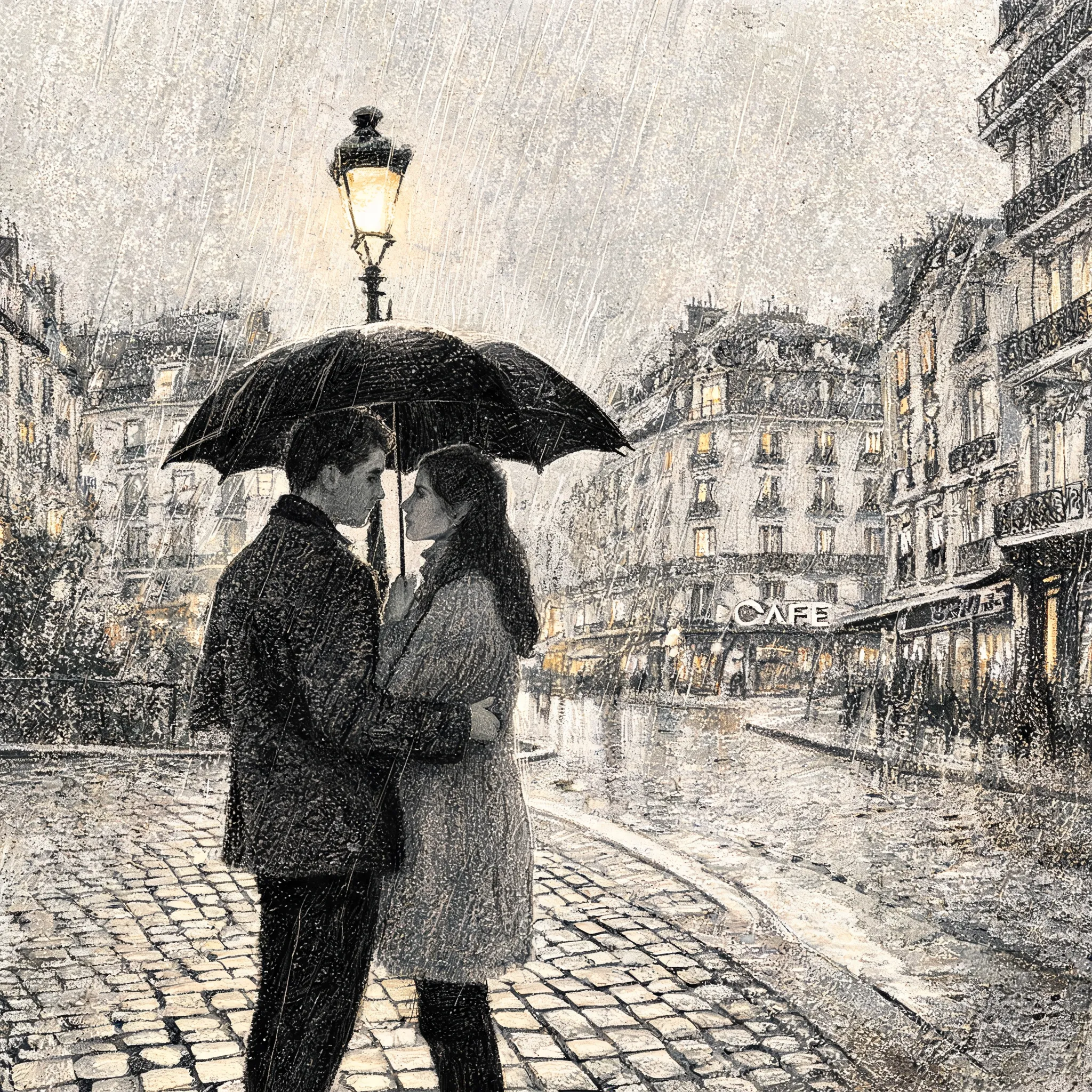 Lithograph style, a rainy Parisian street corner at night, couple sharing a black umbrella, loose and fluid chalk lines, grainy textured stone surface, soft blur effect in the background, subtle grey and charcoal tones, artistic proof.