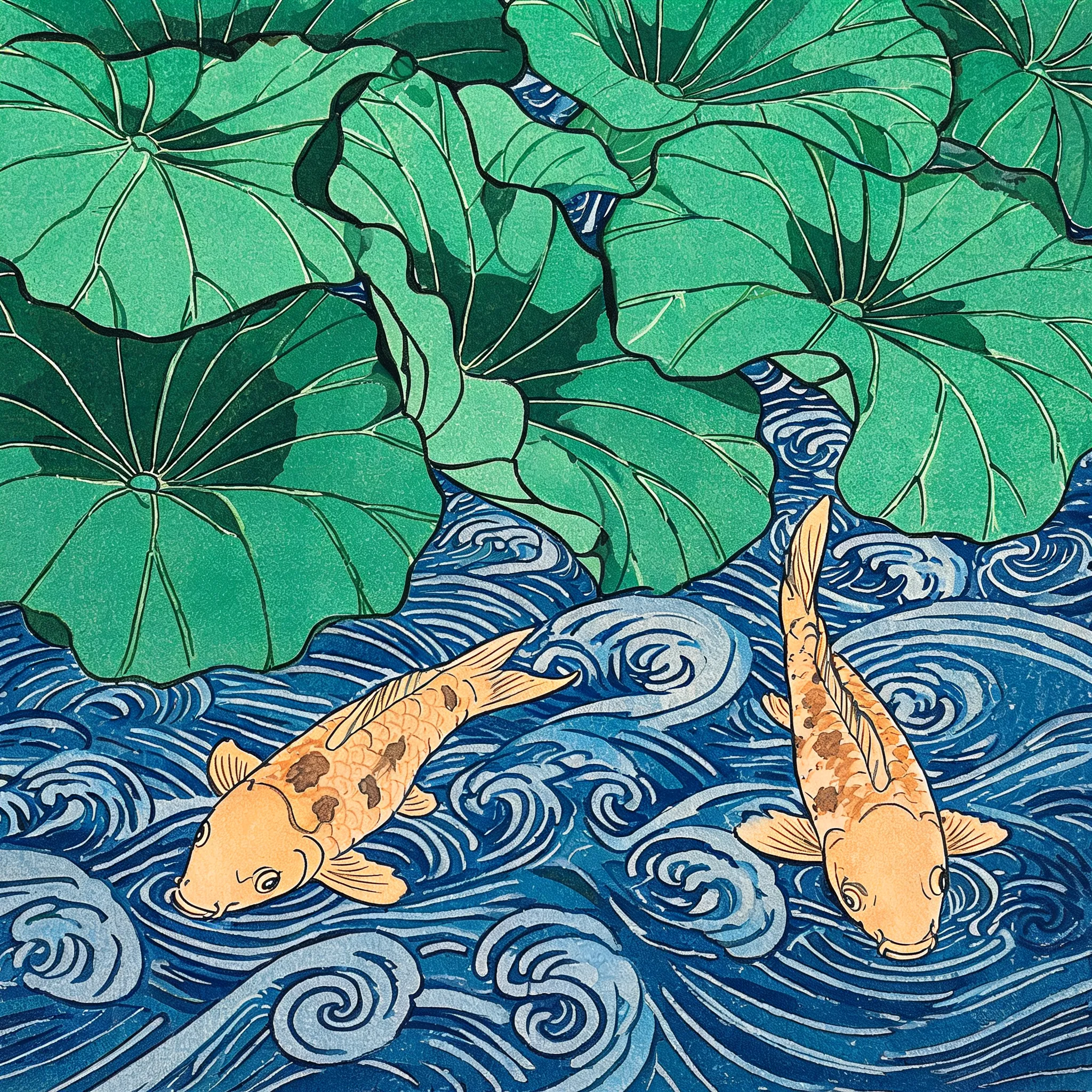 Color woodblock print (Ukiyo-e style), a close-up view of koi fish swimming under giant green lotus leaves, water ripples represented by stylized curved lines, limited color palette of indigo blue, bamboo green, and warm ochre, flat aesthetic, decorative wall art.